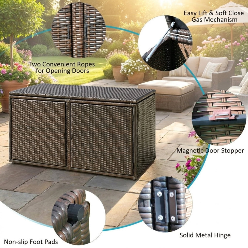Biotree 88 Gallon Garden Patio Rattan Storage Container Box Outdoor Waterproof for Patio Deck Garden Cushions, Brown