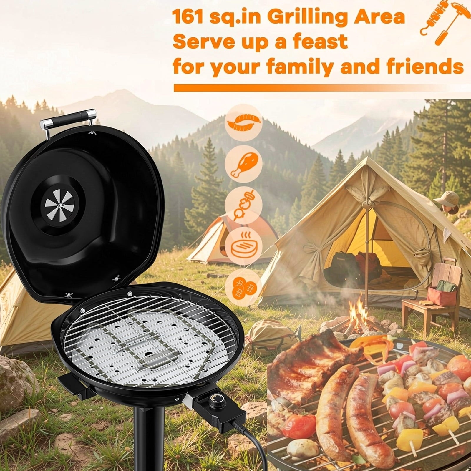 Biotree 1600W Portable Electric BBQ Grill with Removable Non-Stick Rack-Black Outdoor Cooking Patio Summer