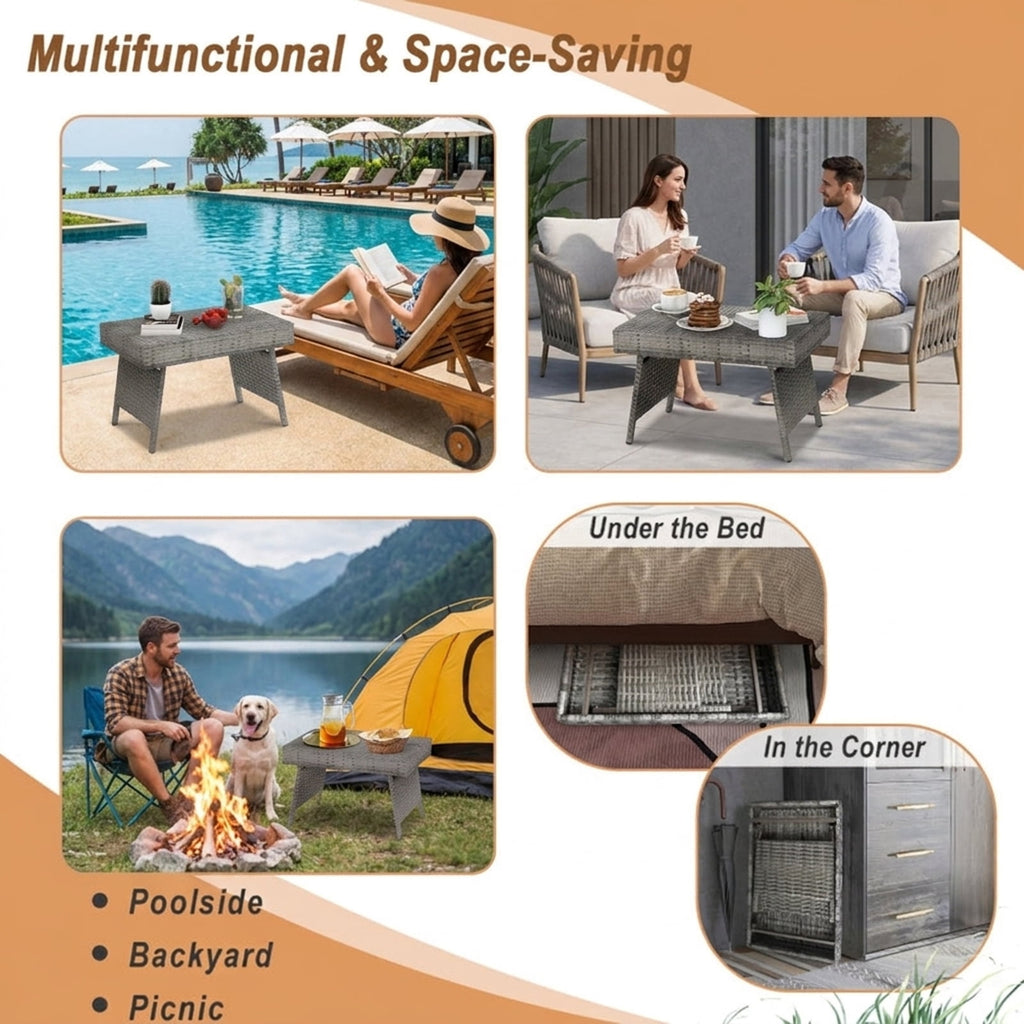 Biotree Folding PE Rattan Side Coffee Table Patio Garden Furniture, Gray