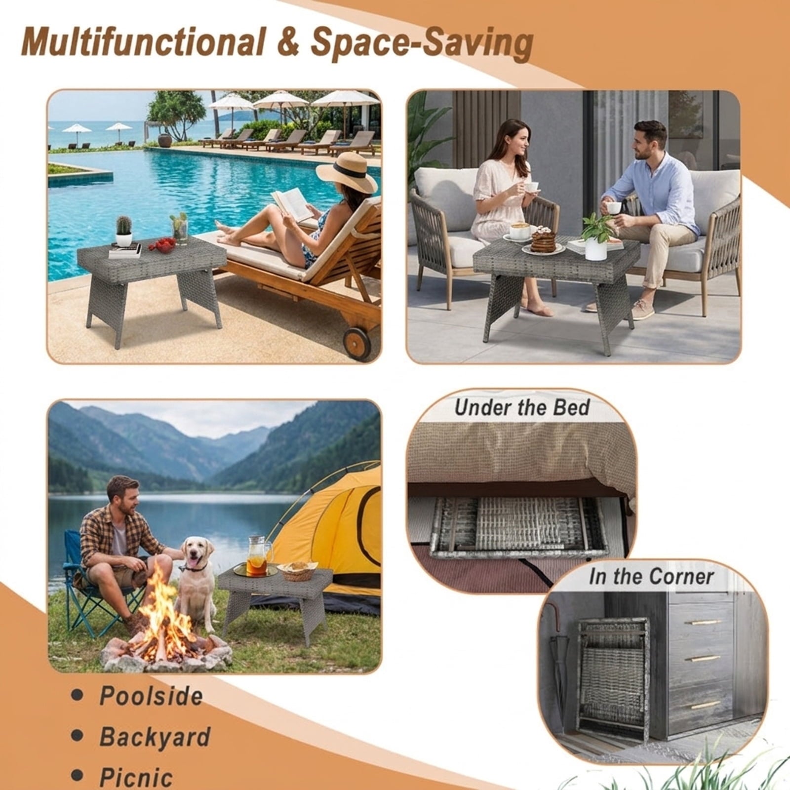 Biotree Folding PE Rattan Side Coffee Table Patio Garden Furniture, Gray