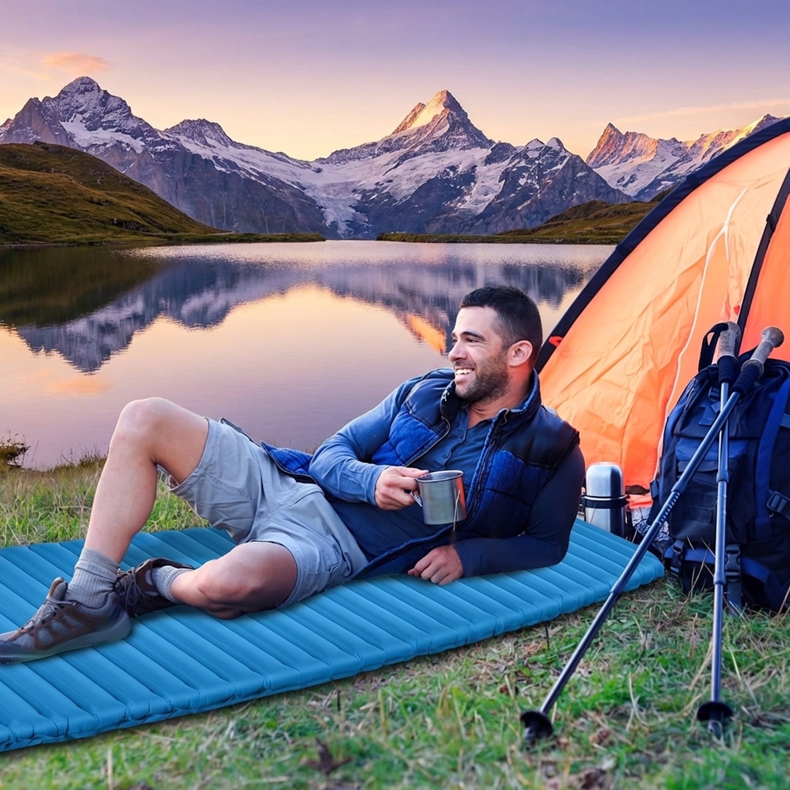 Biotree 3 Inch Thick Inflatable Waterproof Camping Sleeping Pad, Blue