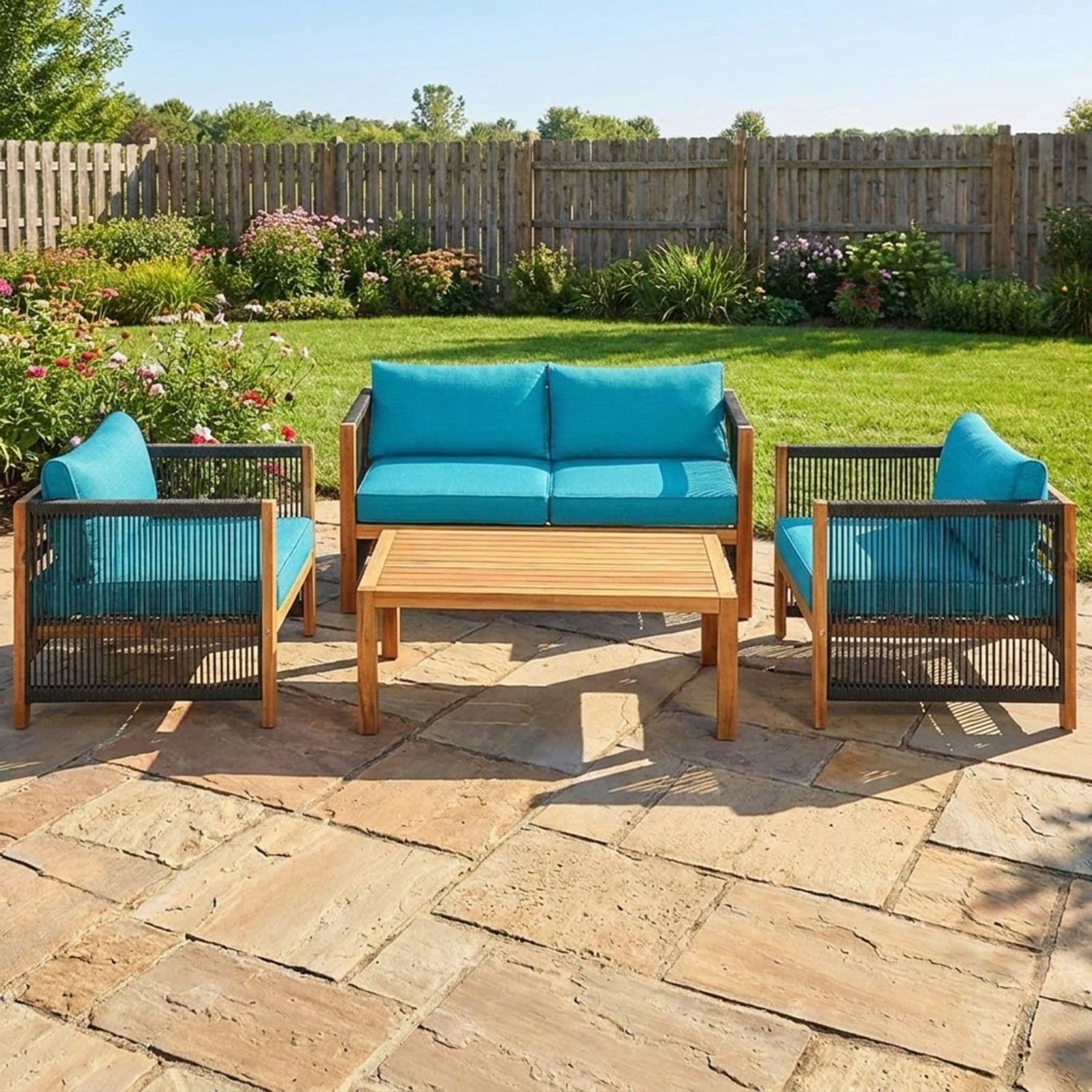 Biotree 4 Pieces Rattan Patio Furniture Set with Weather Resistant Cushions and Tempered Glass TabletopNavy
