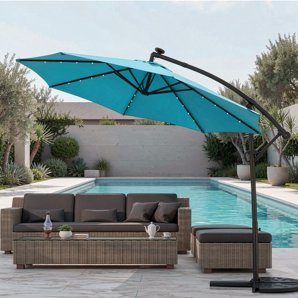 Biotree 10FT 360¡ã Rotation Solar Powered LED Patio Offset Umbrella-Turquoise Outdoor Backyard Hanging