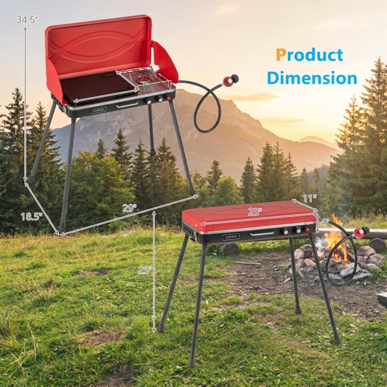 Biotree 2-in-1 Gas Camping Grill and Stove with 4 Detachable Legs for Outdoor Camping Backyard Patio Cooking, Red