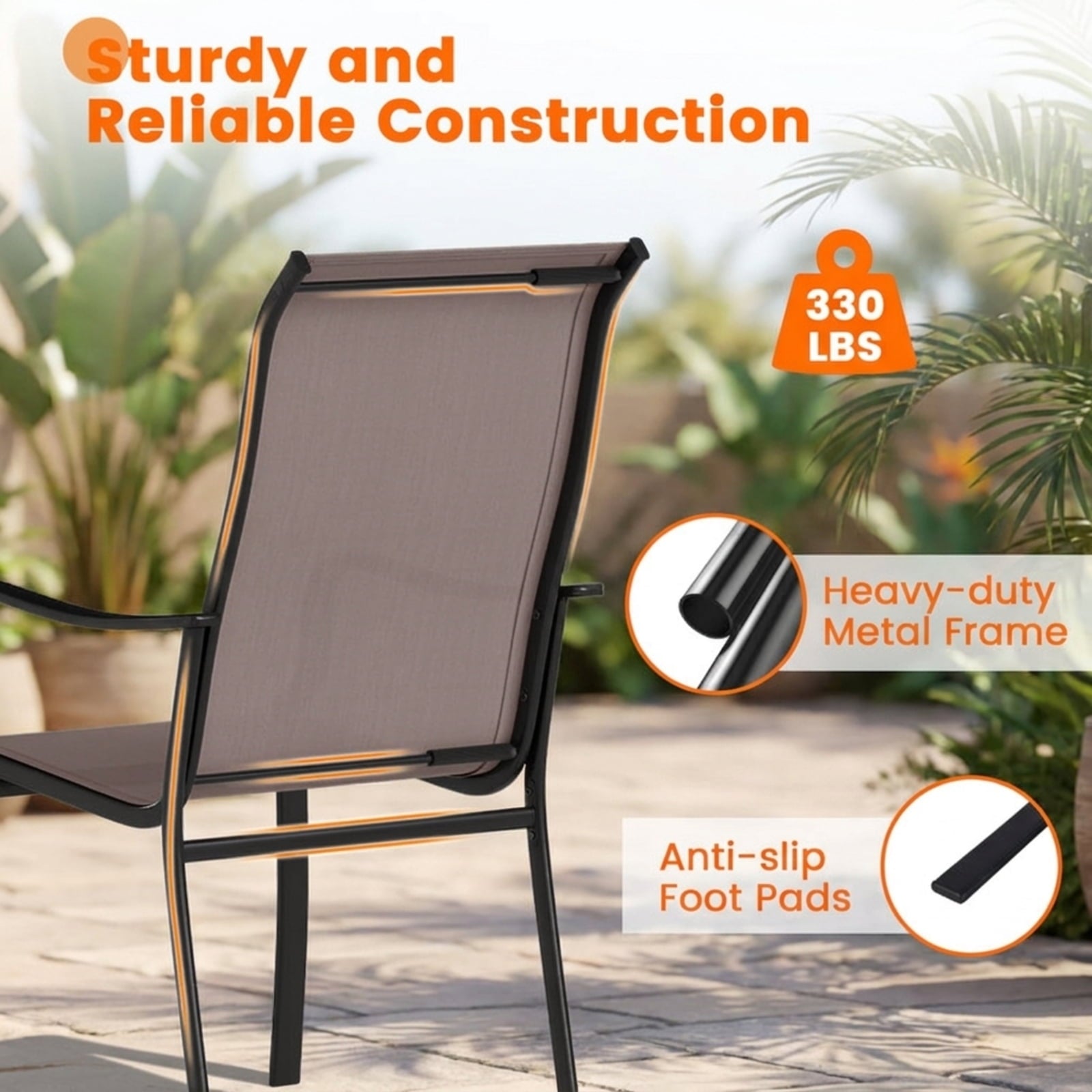 Biotree Patio Dining Chair Set of 2 with Wide Seat and Heavy-Duty Metal Frame Stackable Patio Chair for Garden BackyardBrown