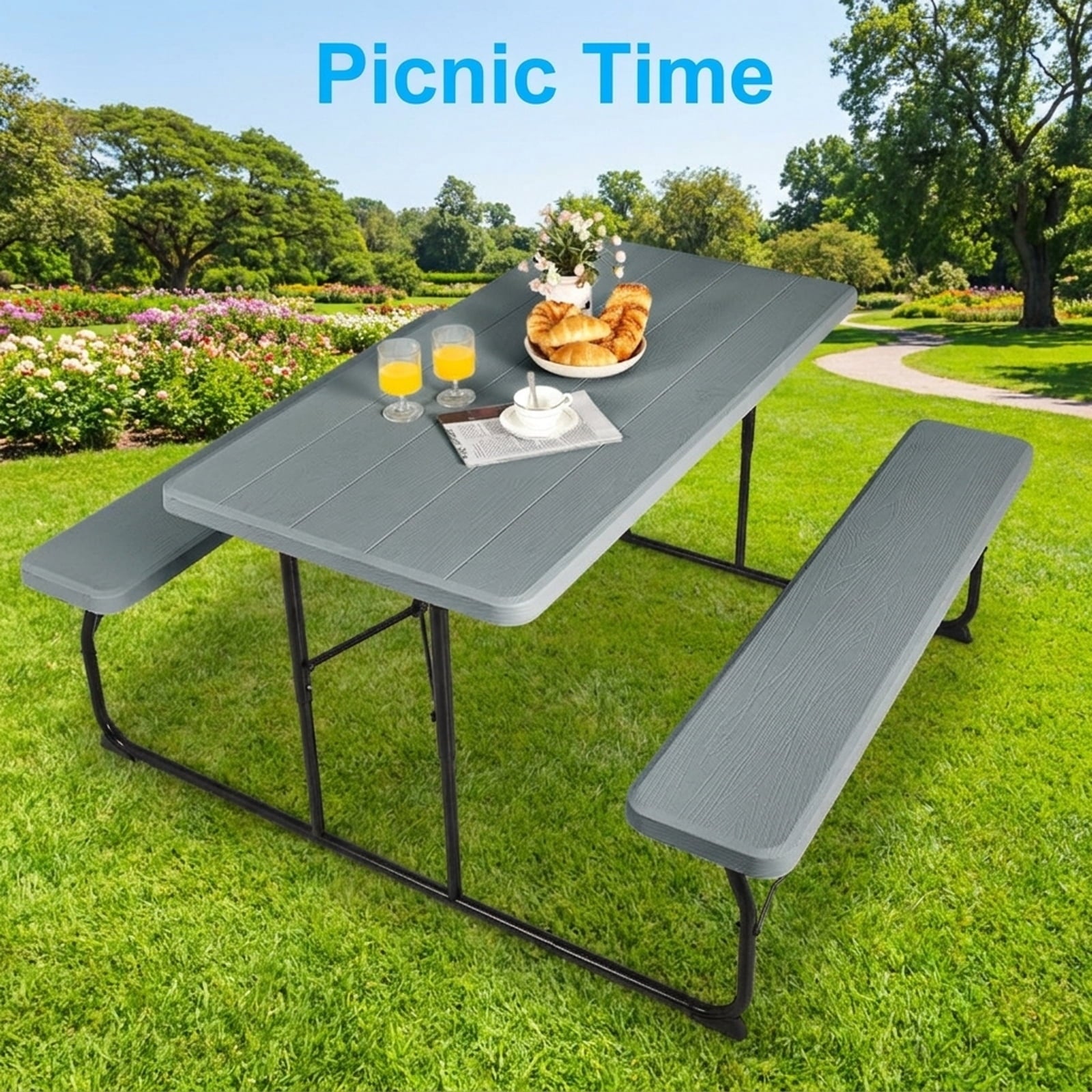 Biotree Indoor and Outdoor Folding Picnic Table Bench Set with Wood-like Texture, Gray