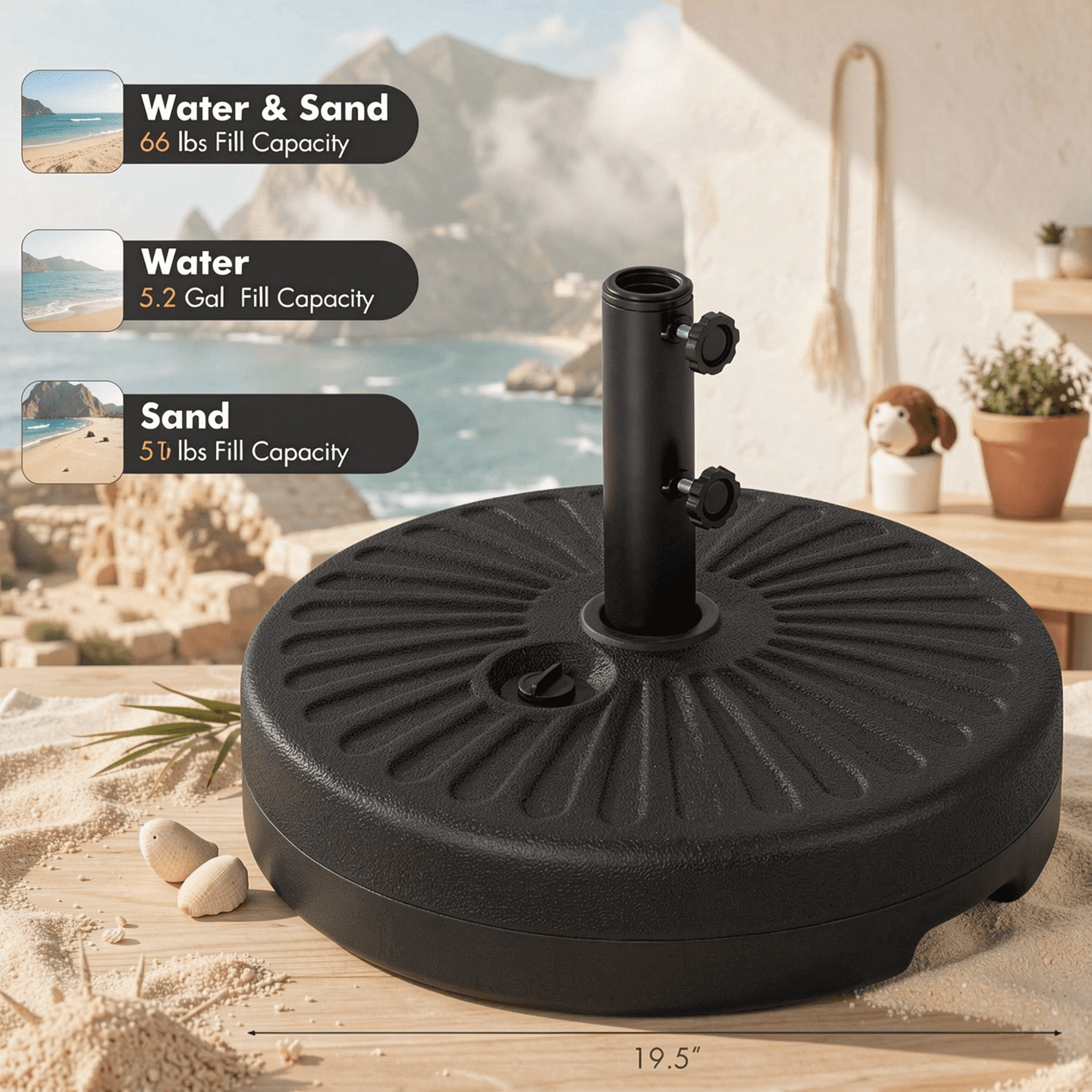Biotree 19.5 Inch Fillable Round Umbrella Base Stand for Yard Garden Poolside-Black - Heavy Duty Outdoor Patio Stand