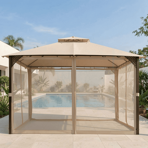 Biotree 12 x 10 Feet Outdoor Double Top Patio Gazebo with Netting Brown - Outdoor Patio Backyard Garden Shade Canopy Shelter