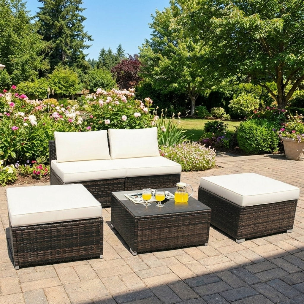 Biotree 5 Pieces Patio Rattan Furniture Set with Cushioned Armless Sofa Outdoor Conversation Set for Garden Backyard PorchWhite