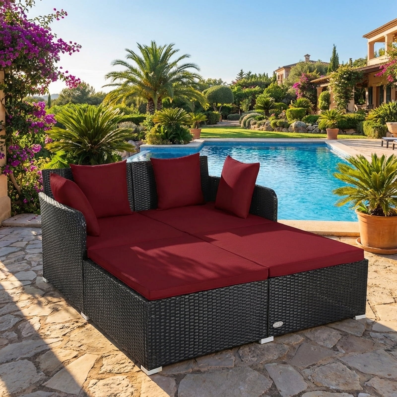 Biotree Outdoor Rattan Daybed with Cushions and Pillows-Red