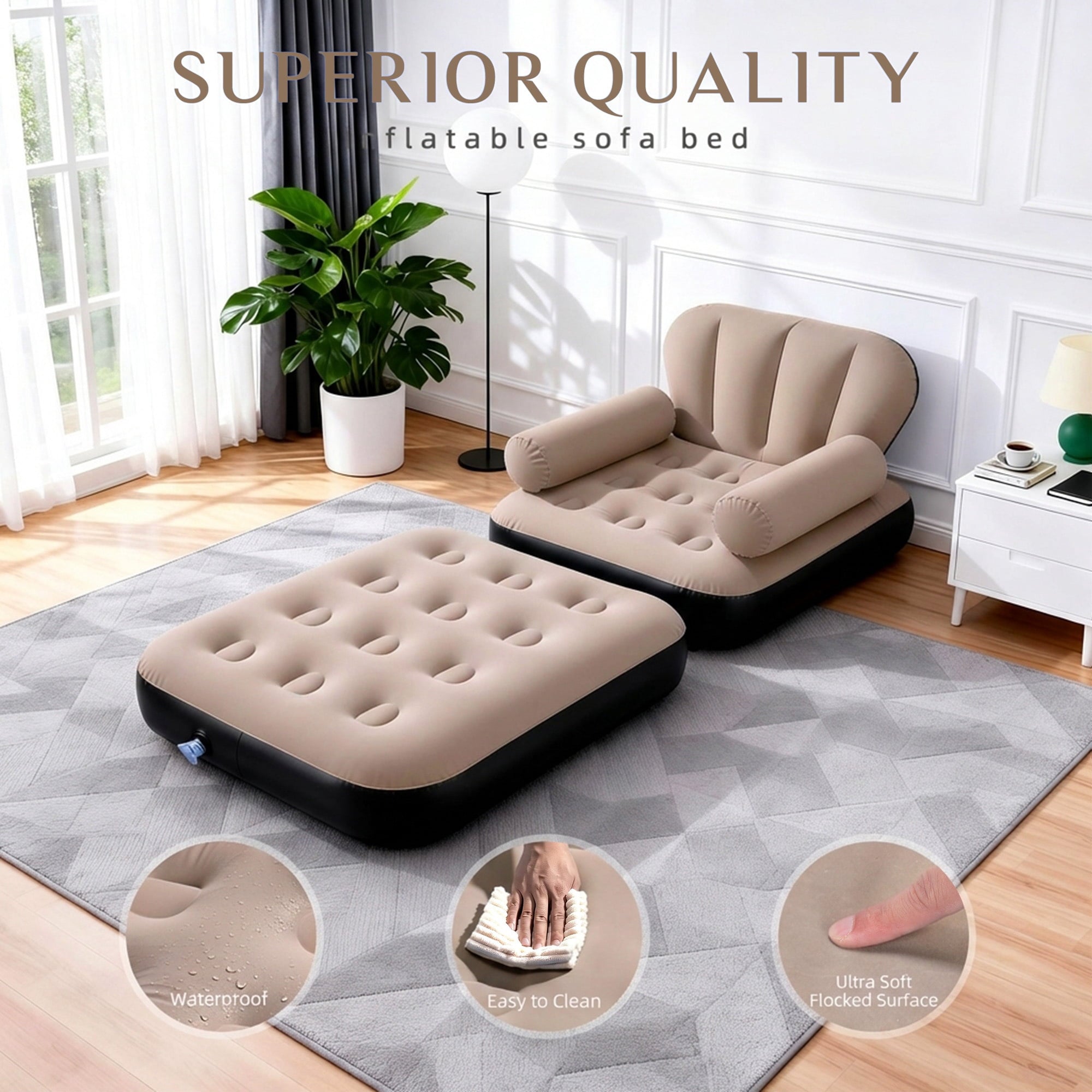 Biotree Inflatable Sofa Bed, 5-in-1 Foldable Thickened Flocked PVC Blow up Sofa with 2 Pumps, Air Couch Mattress for Camping,Brown
