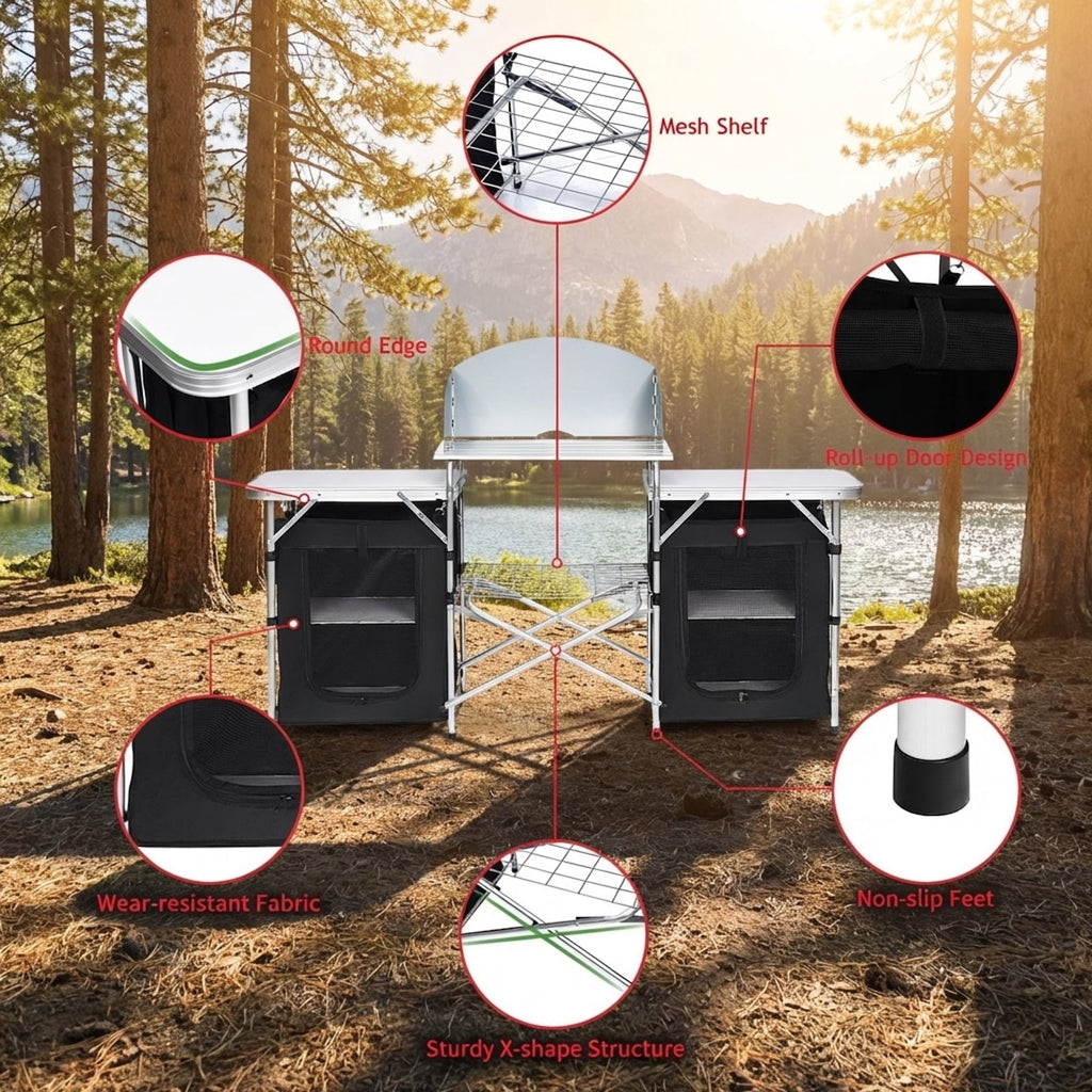 Biotree Folding Camping Table with Storage Organizer, Black