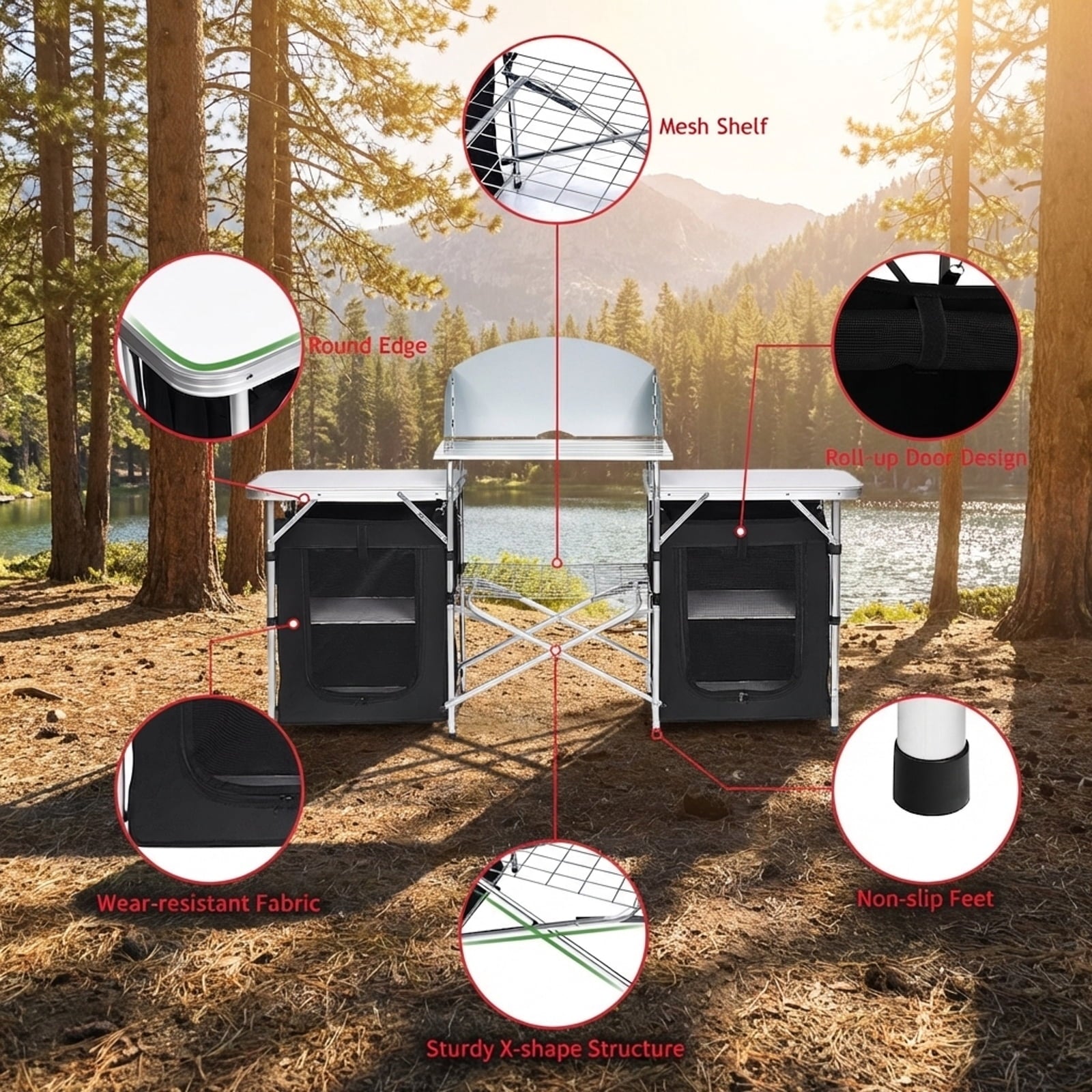 Biotree Folding Camping Table with Storage Organizer, Black
