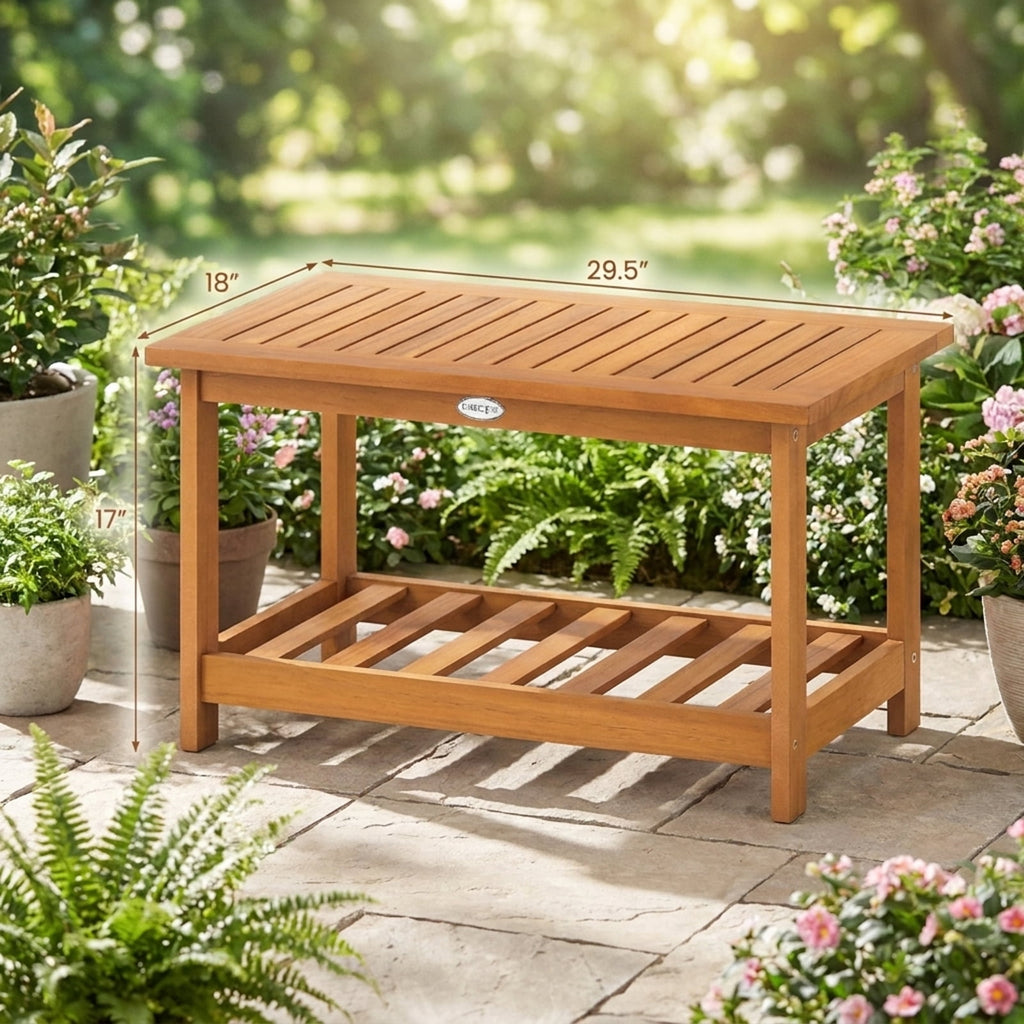 Biotree Patio Acacia Wood Coffee Table 2-Tier Rectangular Center Table, Natural