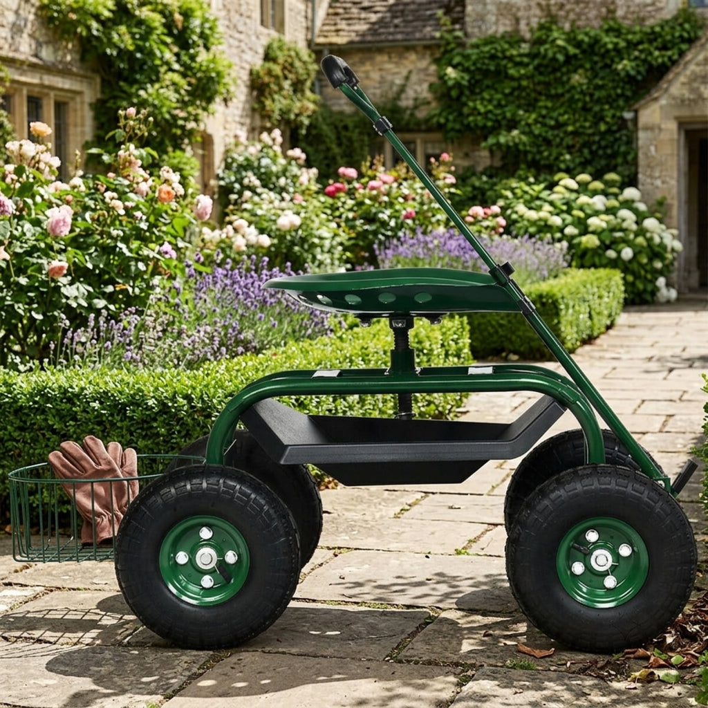 Biotree Rolling Garden Cart with 360¡ã Swivel Seat, Height Adjustable Garden Scooter, Heavy Duty Yard Cart with Tool Tray and Storage Basket for Gardening Weeding Yard Work Green