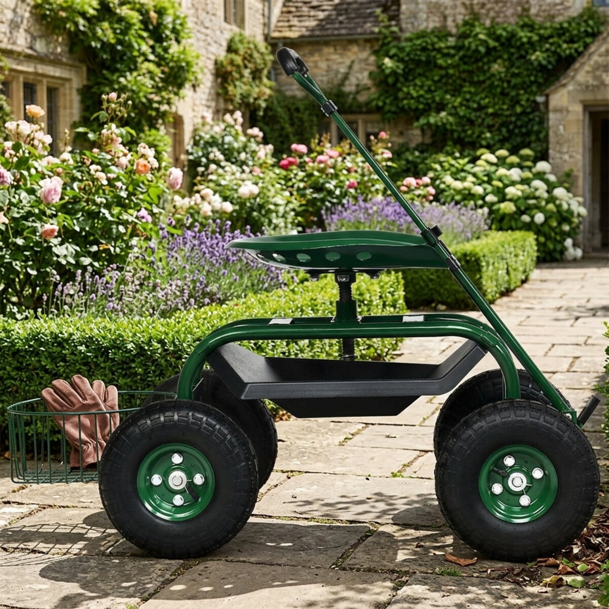 Biotree Rolling Garden Cart with 360¡ã Swivel Seat, Height Adjustable Garden Scooter, Heavy Duty Yard Cart with Tool Tray and Storage Basket for Gardening Weeding Yard Work Green