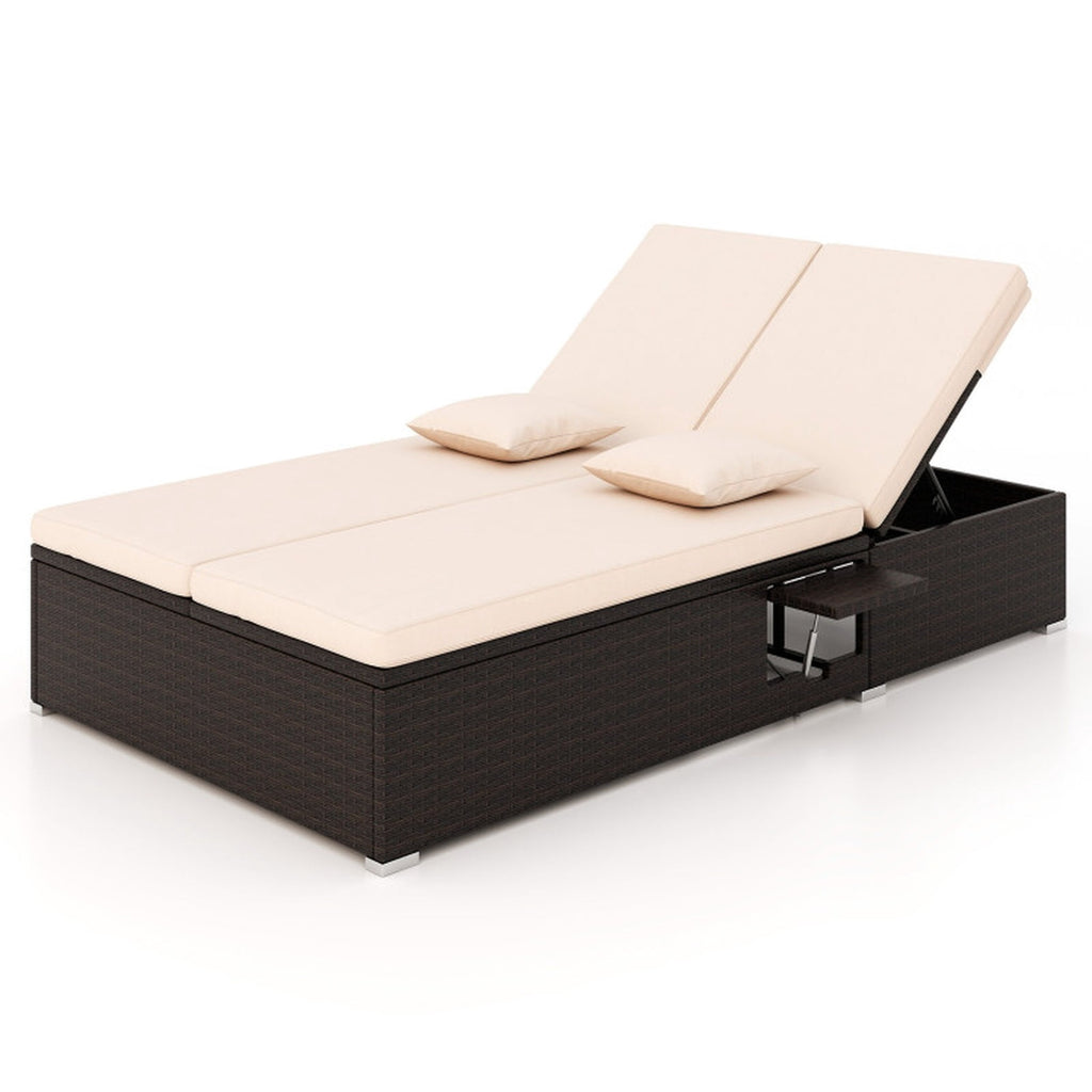 Biotree Patio Double Chaise Lounge with Cushions and Folding Side Trays Stackable Patio Chair for Garden BackyardBeige