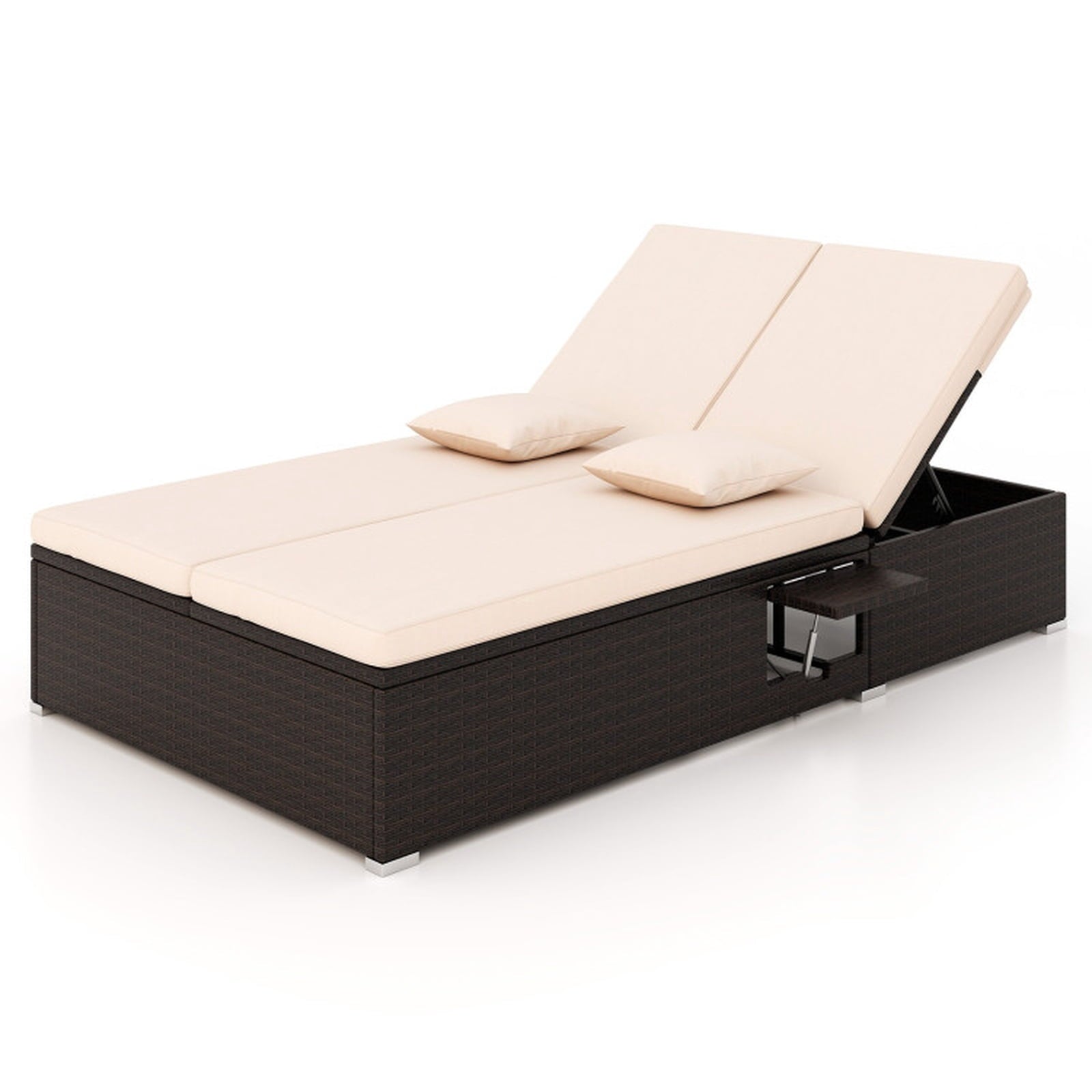 Biotree Patio Double Chaise Lounge with Cushions and Folding Side Trays Stackable Patio Chair for Garden BackyardBeige