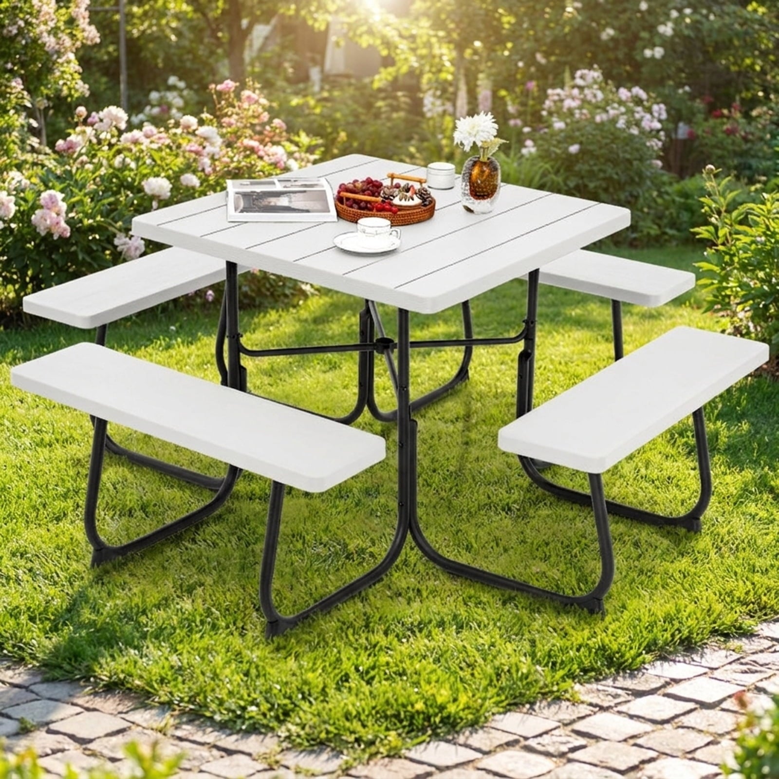 Biotree 67-Inch Outdoor Picnic Table with 4 Benches and Umbrella Hole, White
