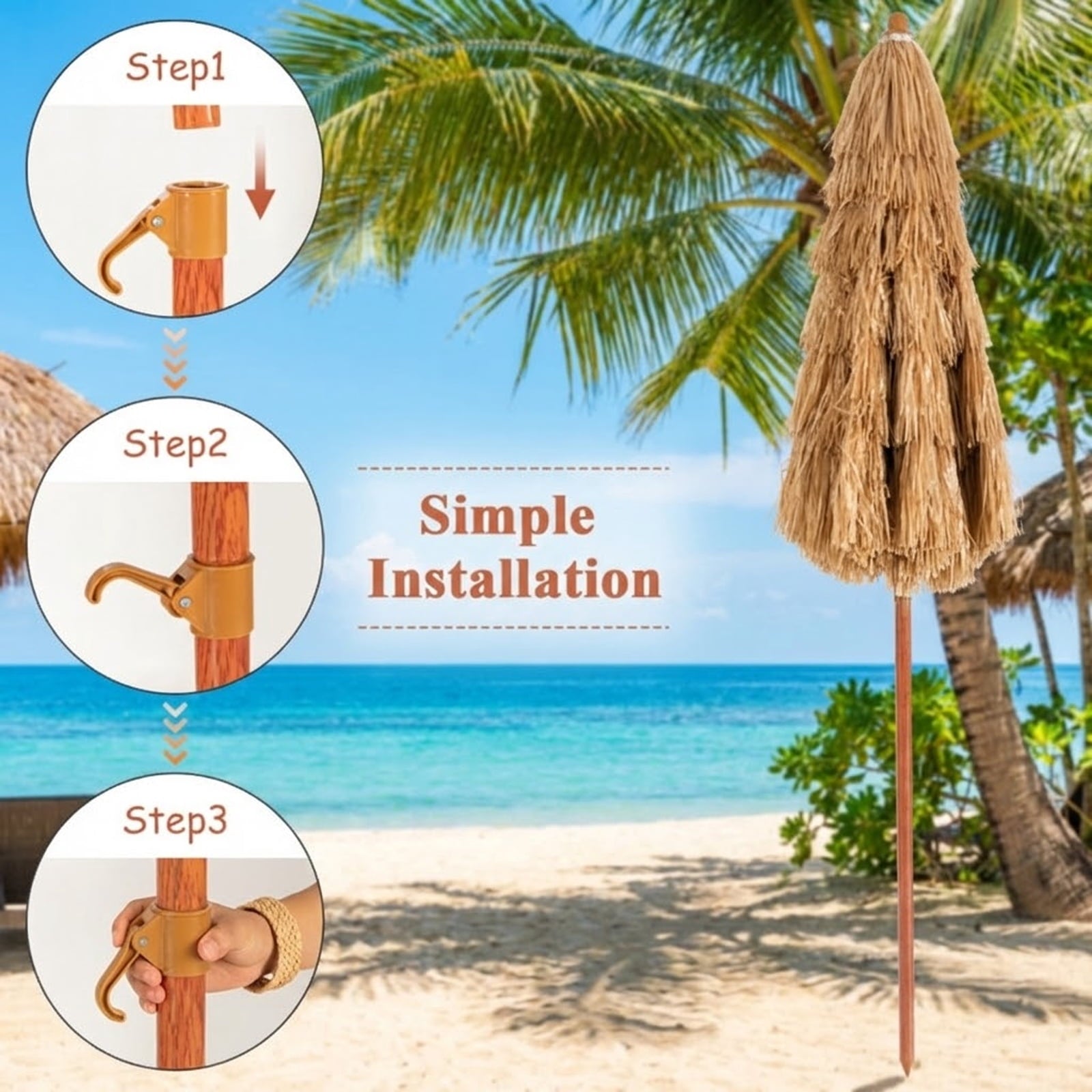 Biotree 6.5 Feet Portable Thatched Tiki Beach Umbrella with Adjustable Tilt Khaki - Portable Sun Shade for Beach Pool Backyard