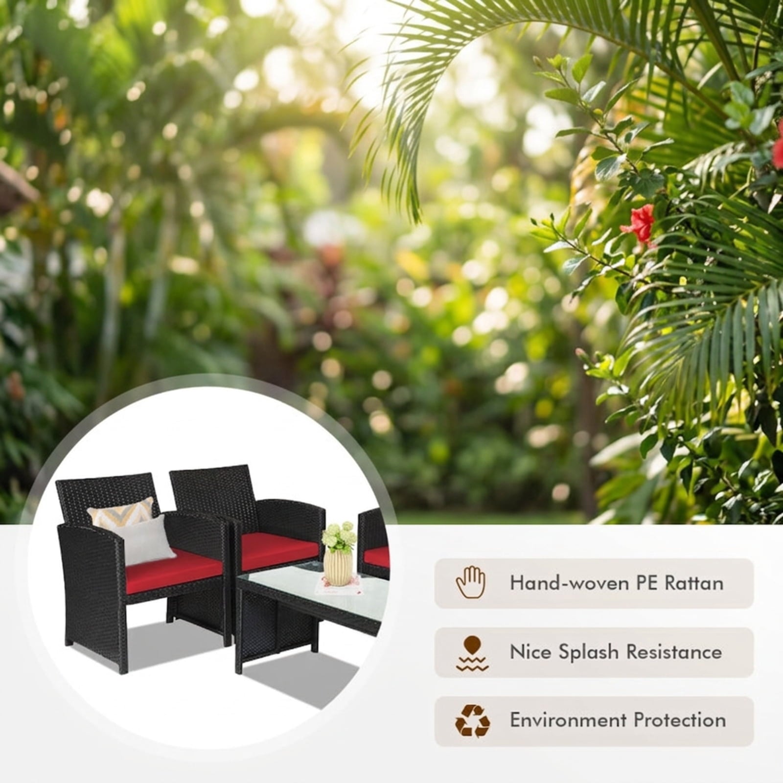 Biotree 4 Pieces Rattan Patio Furniture Set with Weather Resistant Cushions and Tempered Glass Tabletop