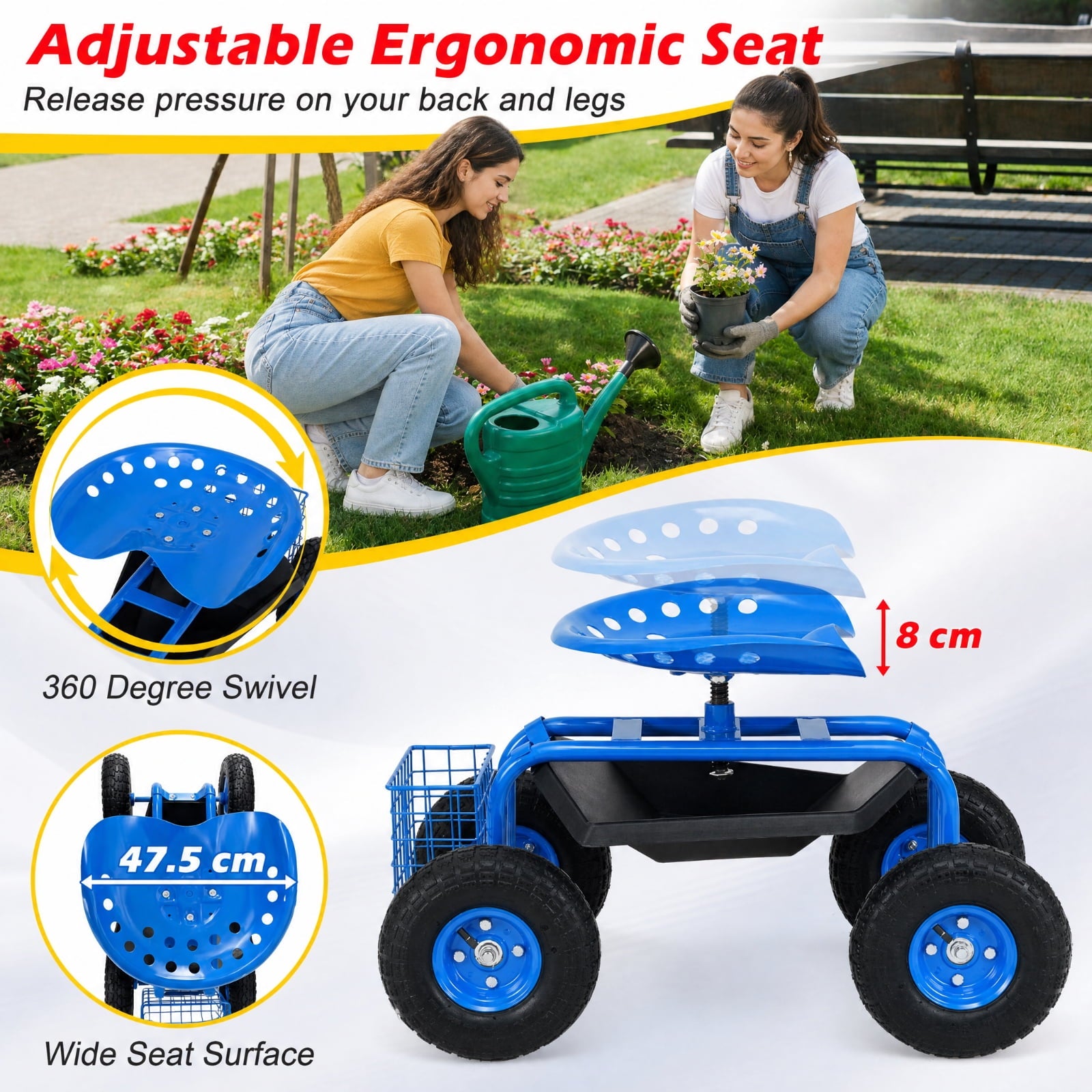 Biotree Rolling Garden Cart with Seat, 360¡ãSwivel Seat Adjustable Height,330lbs Load Capacity, Wagon Scooter with Storage Bracket and Tool Tray, Suitable for Patio Yard, Blue