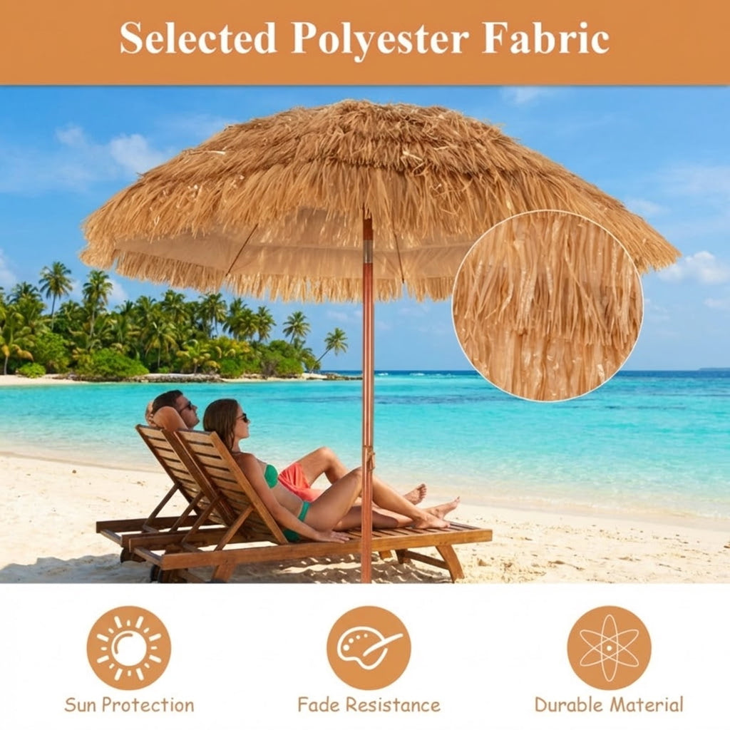 Biotree 6.5 Feet Portable Thatched Tiki Beach Umbrella with Adjustable Tilt Khaki - Portable Sun Shade for Beach Pool Backyard