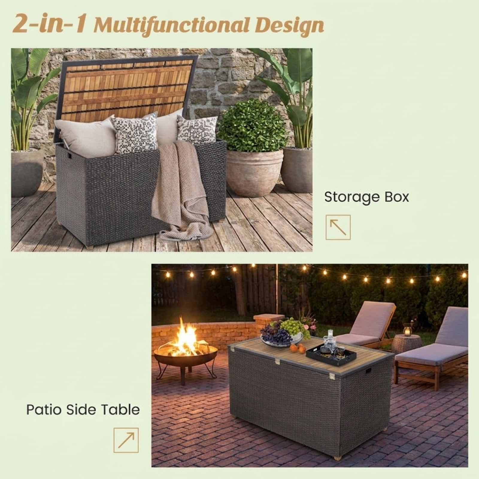 Biotree 134 Gallon Rattan Storage Box with Zippered Liner and Solid Acacia Wood Top Outdoor Waterproof for Patio Deck Garden Cushions, Brown