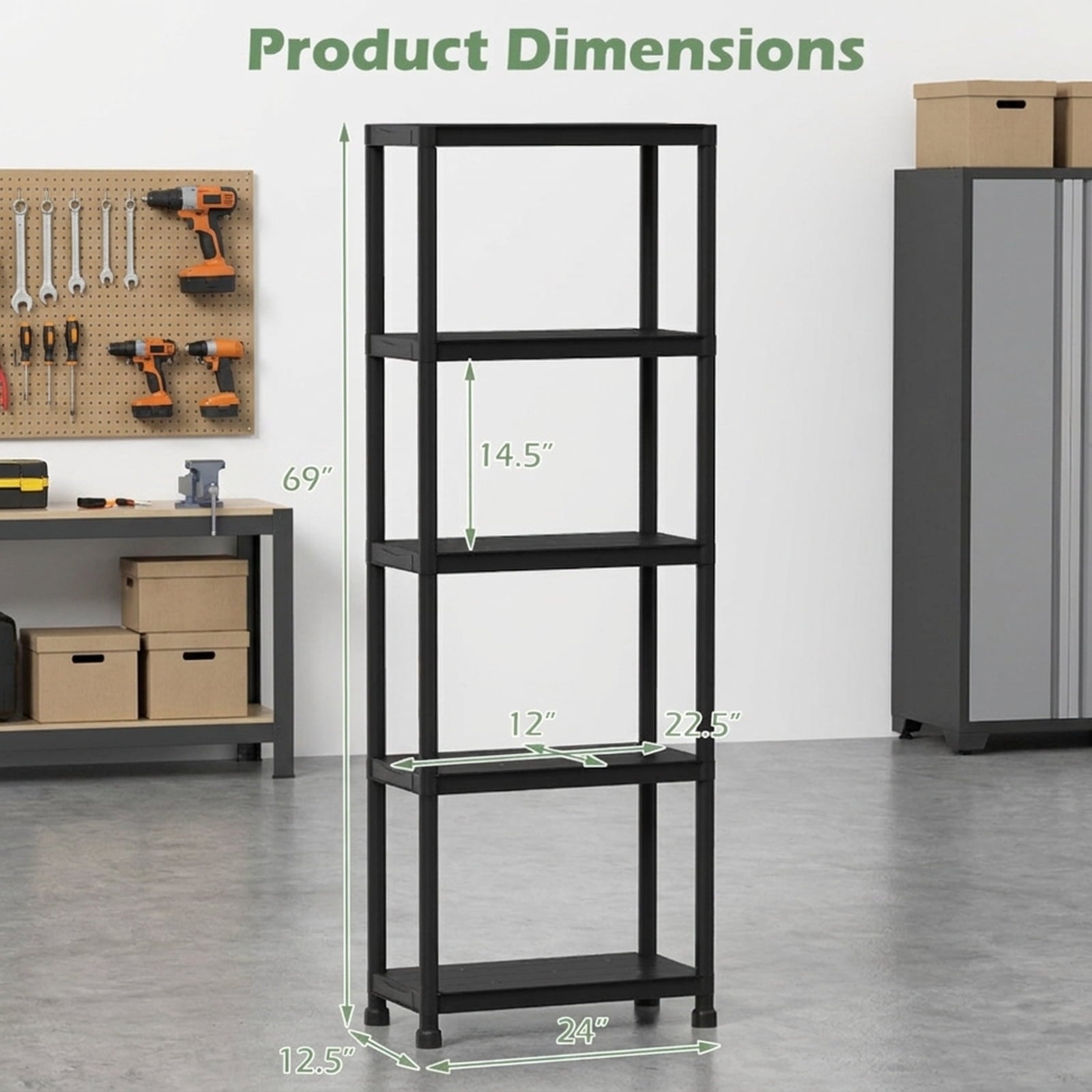 Biotree 5-Tier Heavy-Duty Plastic Storage Shelves Freestanding Garage Shelving Unit 500 lbs - Black