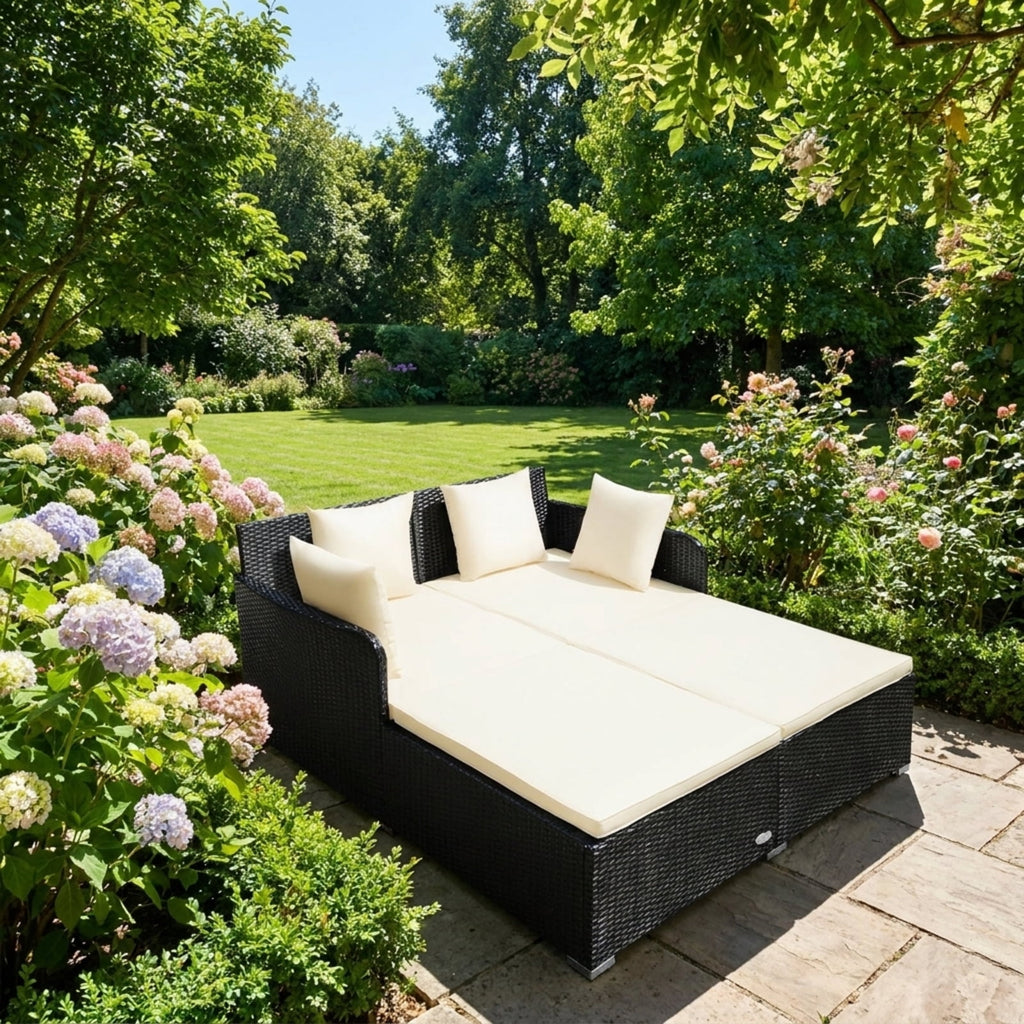 Biotree Spacious Outdoor Rattan Daybed with Upholstered Cushions and Pillows Outdoor Conversation Set for Garden Backyard PorchWhite