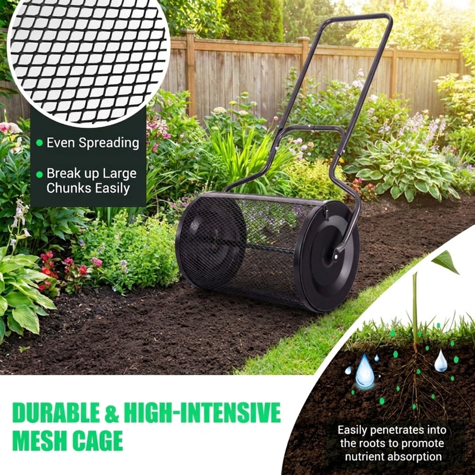 Biotree 24 Peat Moss Spreader with Upgrade Side Latches and U-shape Handle for Lawn Garden Yard Soil Care, Green