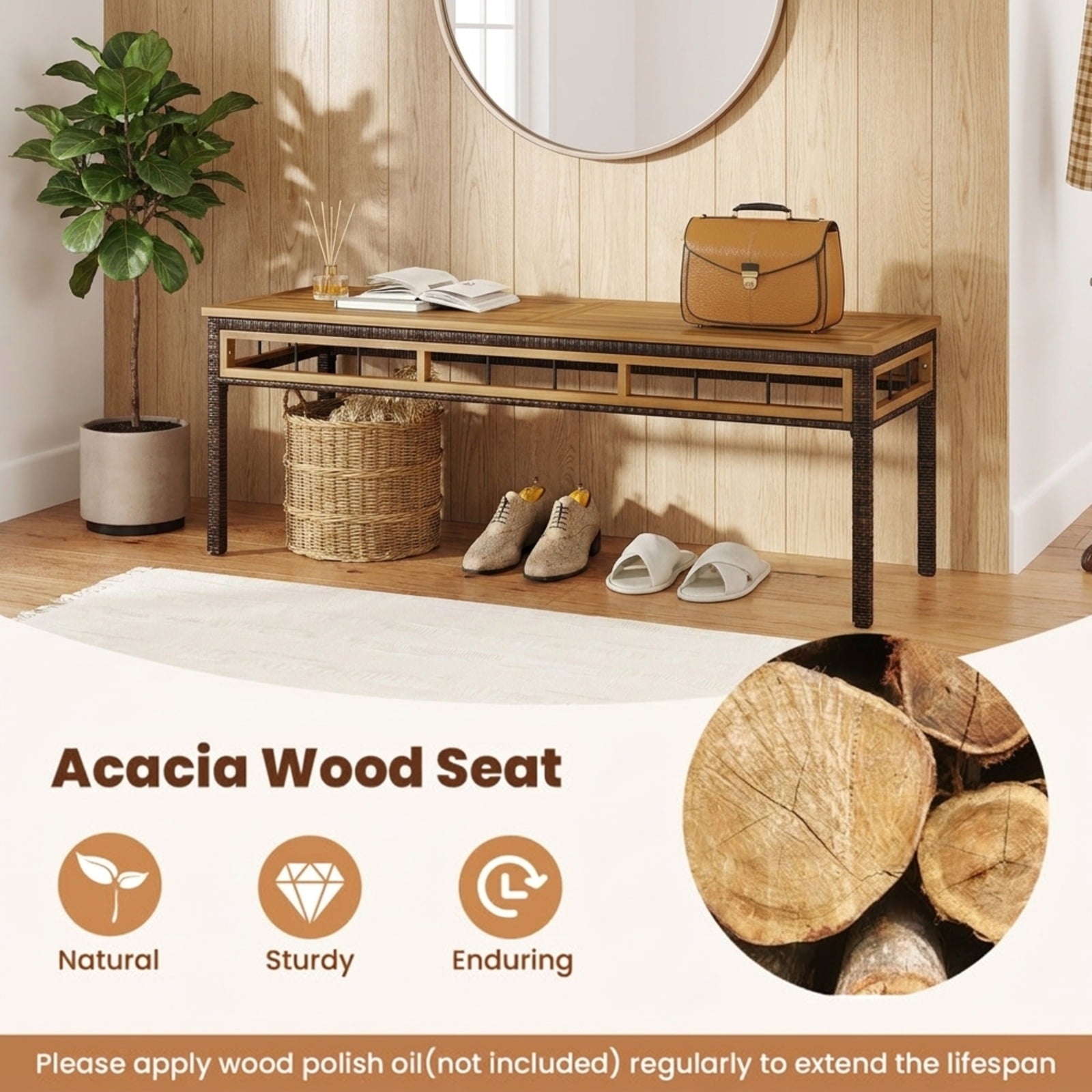 Biotree Wicker Patio Bench for 2 People 48invh Long Backless Dining Bench with Acacia Wood SeatWhite