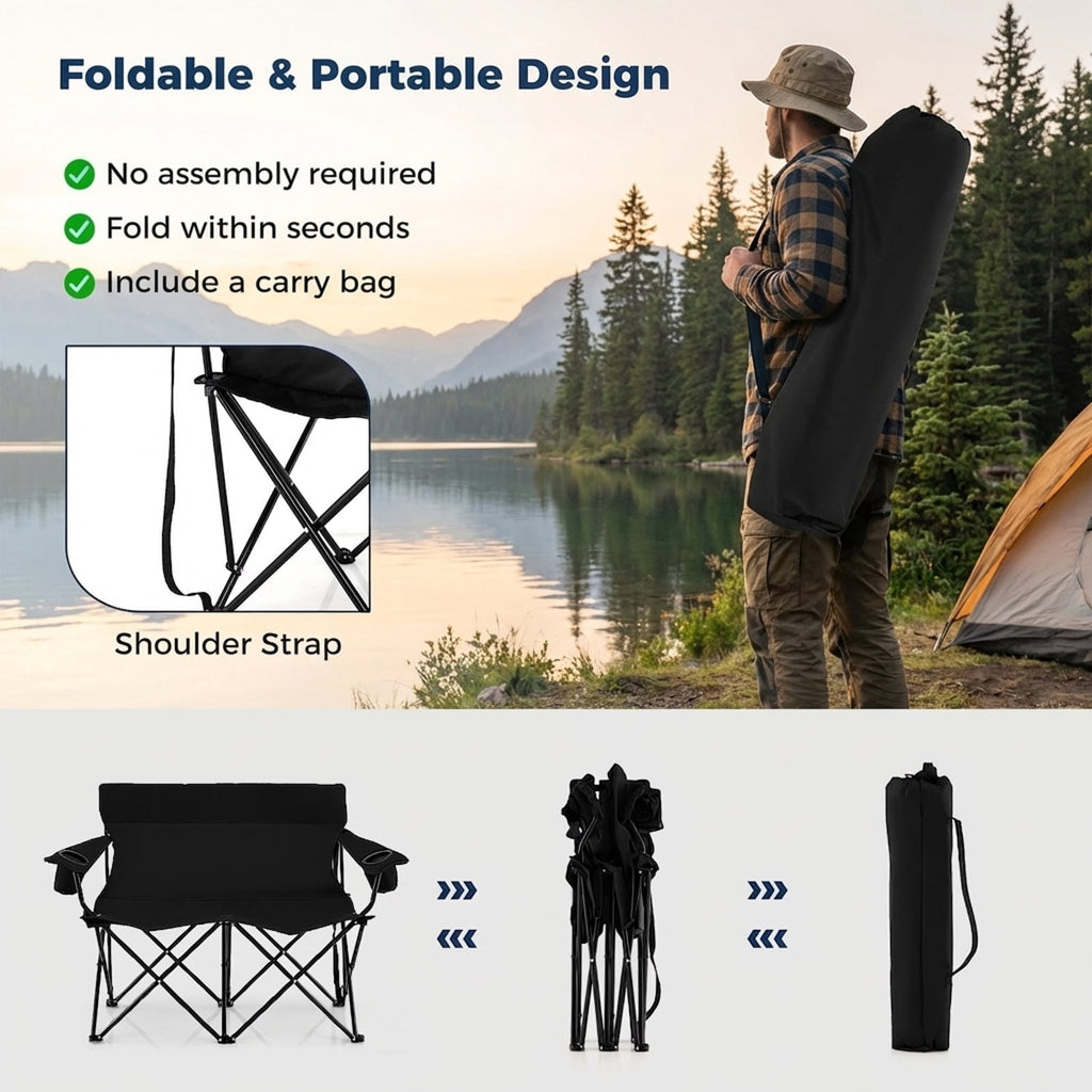 Biotree 2-Person Folding Outdoor Loveseat Camp Chair with Cup Holders Portable Double Camping Chair with Carry Bag, Black