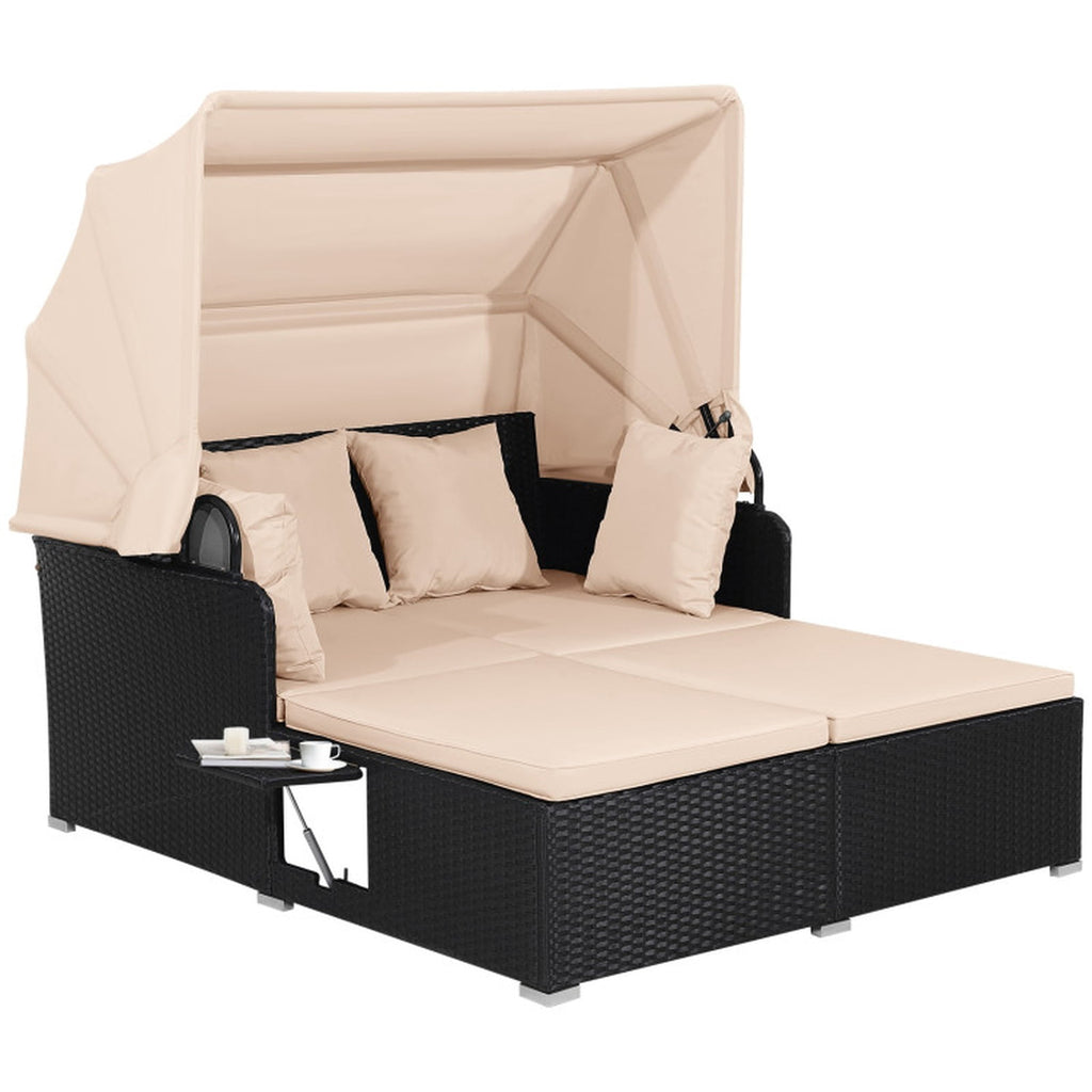 Biotree Patio Rattan Daybed with Retractable Canopy and Side Tables Outdoor Conversation Set for Garden Backyard PorchBeige