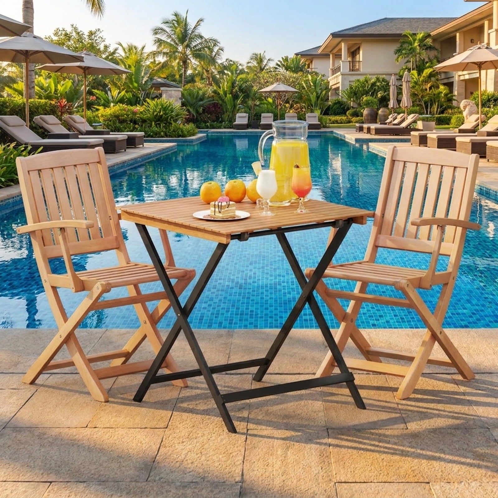 Biotree 28 Inch Patio Folding Square Table with Slatted Tabletop for Backyard Porch, Black