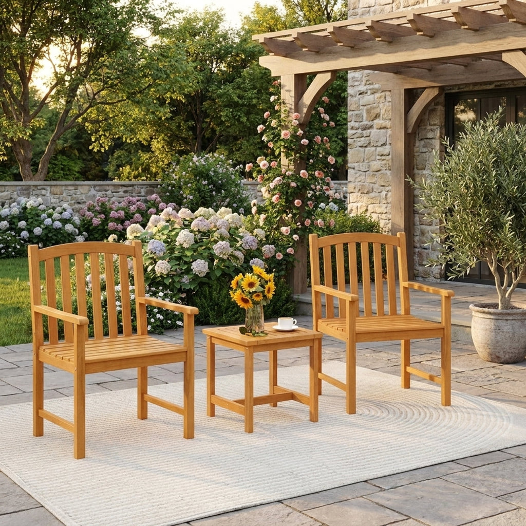Biotree Solid Acacia Wood Patio Chairs Set of 2 with Slatted Seat and Inclined Backrest for PorchNatural