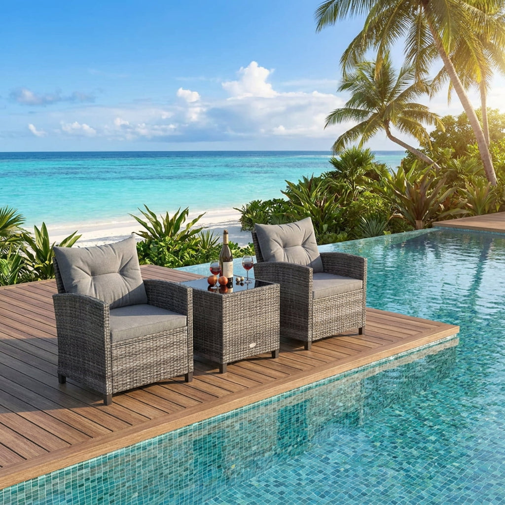 Biotree 3 Pieces Outdoor Wicker Conversation Set with Tempered Glass Tabletop Outdoor Conversation Set for Garden Backyard PorchGray