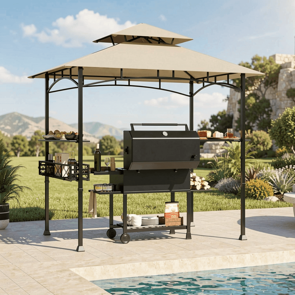 Biotree 8 x 5 Feet Outdoor Grill Gazebo with 2 Side Shelves and 10 Hooks Beige - Outdoor Patio Backyard Garden Shade Canopy Shelter