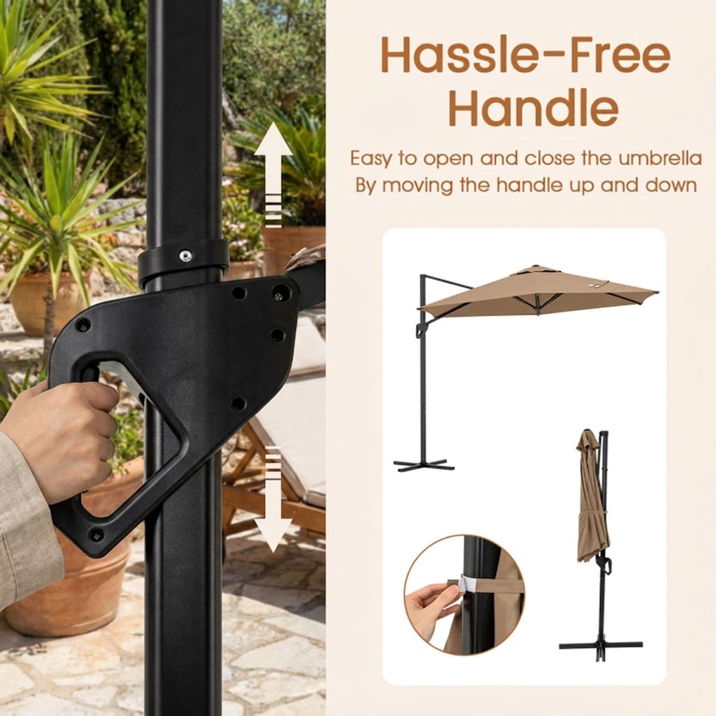 Biotree 9 ft Cantilever Patio Umbrella Offset Hanging with Cross Base, 8 Ribs - Brown for Backyard Garden Poolside