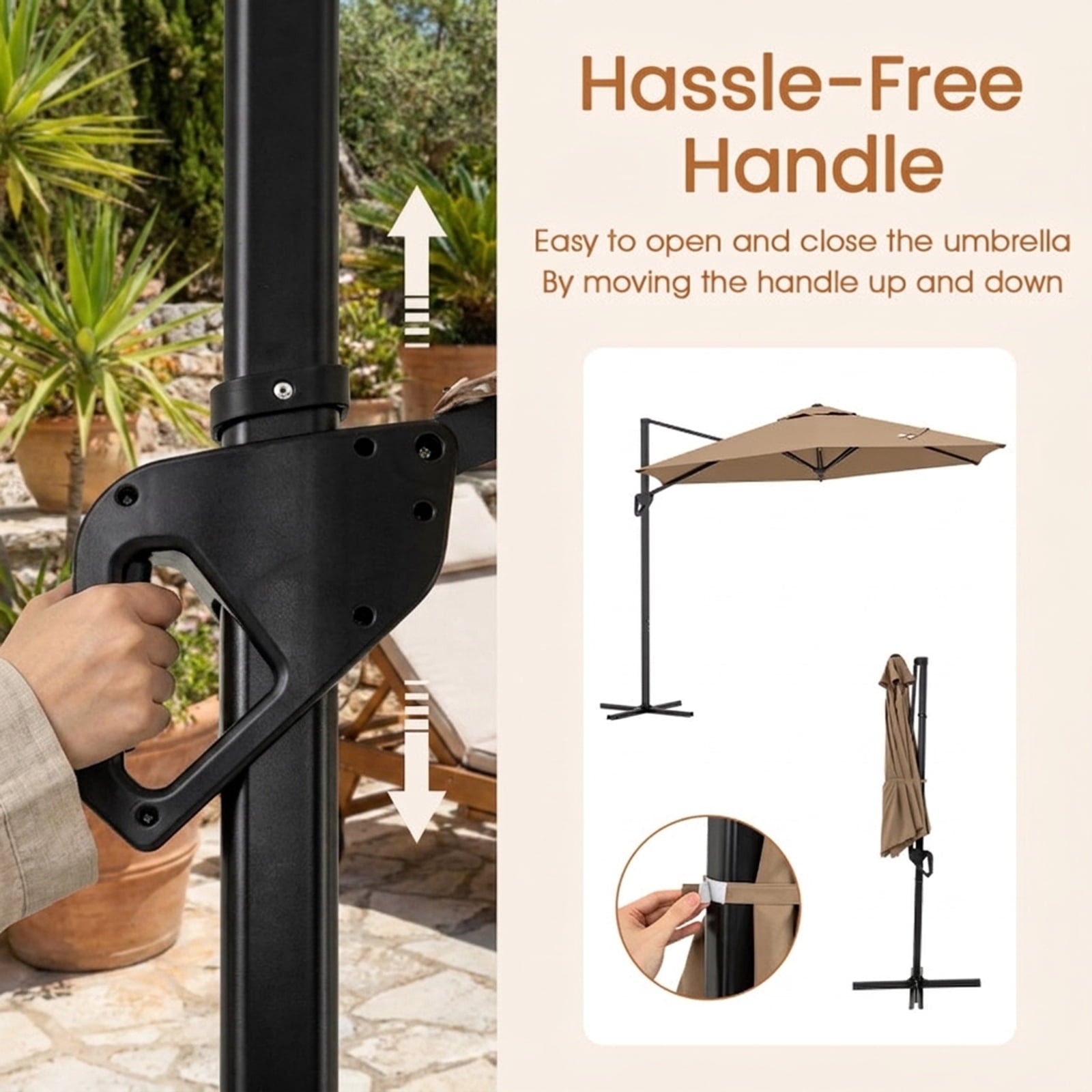 Biotree 9 ft Cantilever Patio Umbrella Offset Hanging with Cross Base, 8 Ribs - Brown for Backyard Garden Poolside