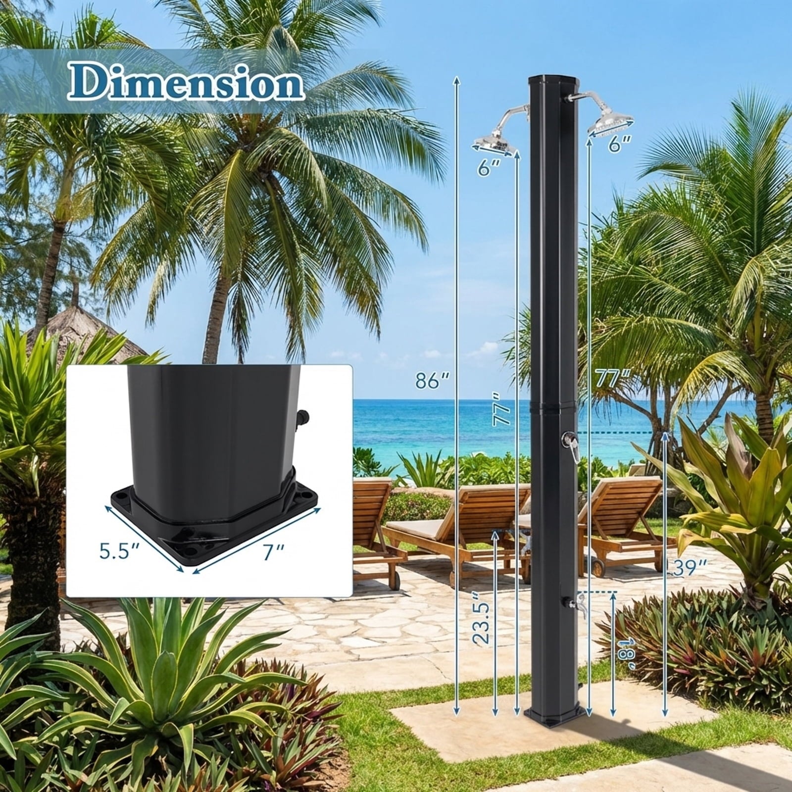 Biotree 9.3 Gallon Solar Heated Outdoor Shower with Dual Shower Heads Portable Camping Shower for Pool Beach Patio, Black