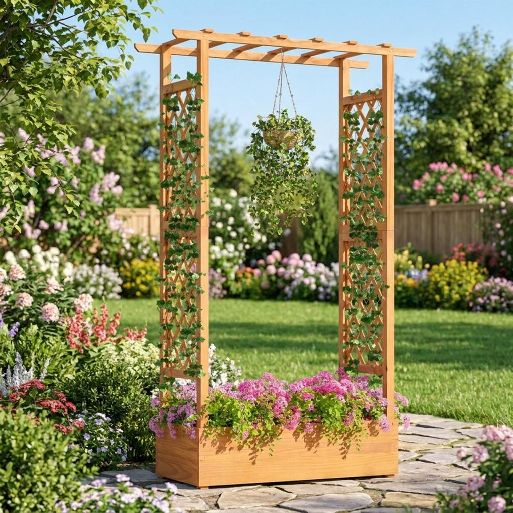 Biotree 70 Inch Wooden Raised Garden Bed with Lattice Trellis for Climbing Plants, 43x16.5x70 Inch Pine Wood Tall Outdoor Planter Box for Patio Yard, Orange Finish