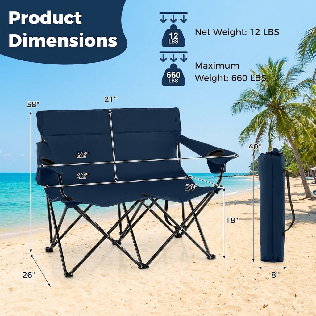 Biotree 2-Person Folding Outdoor Loveseat Camp Chair with Cup Holders Portable Double Camping Chair with Carry Bag, Blue
