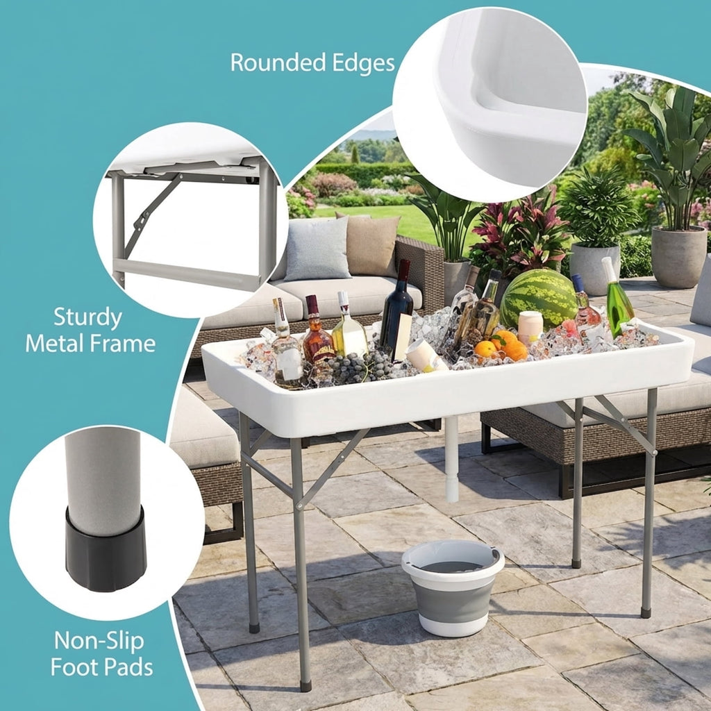Biotree 4 Foot Ice Cooler Folding Table with Large Sink Portable Ice Bin Table for Camping Party Picnic Events, White
