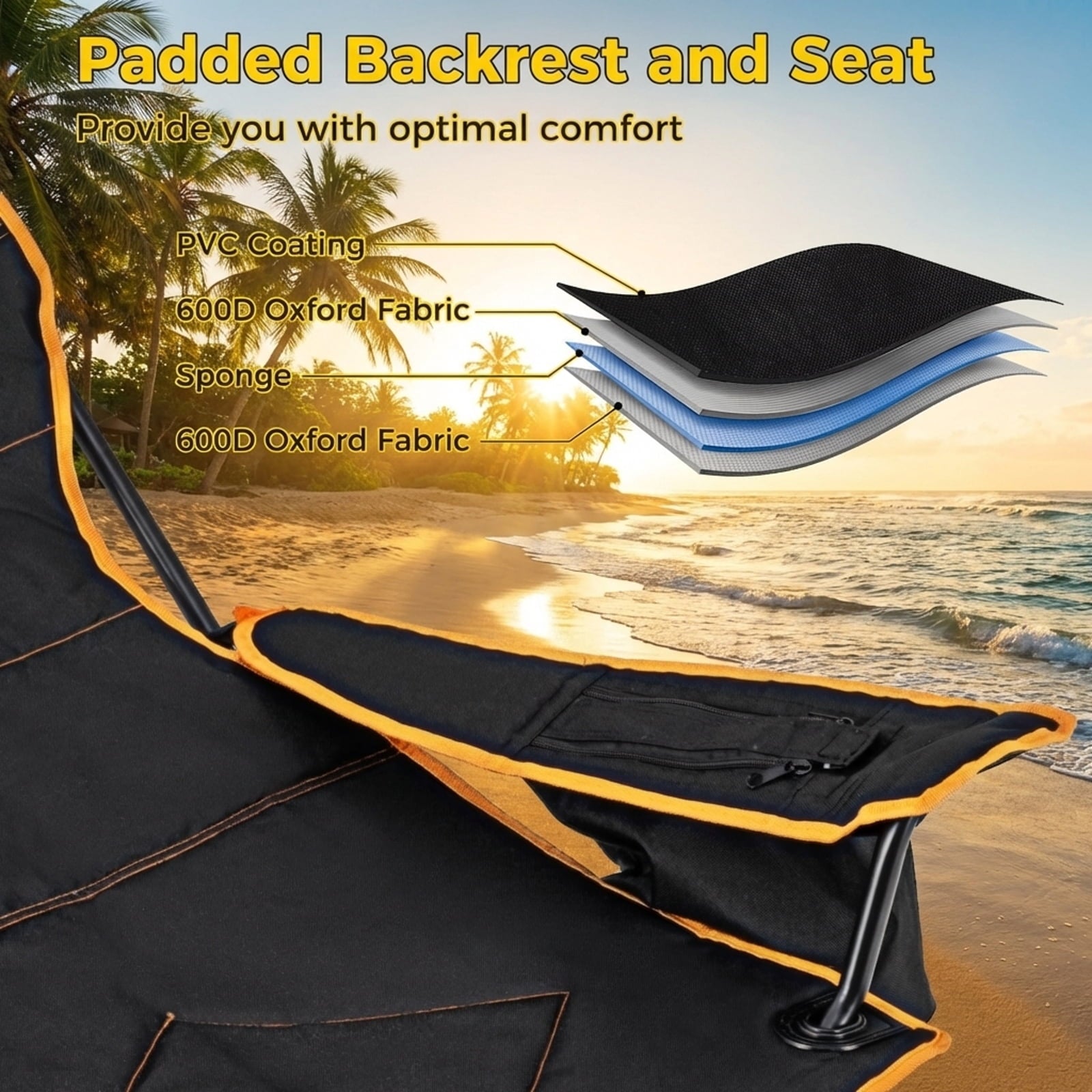 Biotree Reclining Folding Camp Chair with Retractable Footrest and Cooler Bag 2-Position Adjustable Lounge Chair for Outdoor, Black