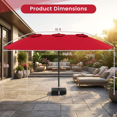 Biotree 15 ft Double-Sided Twin Patio Umbrella Crank Tilt Outdoor Shade - Red - UV Protection with Cross Base