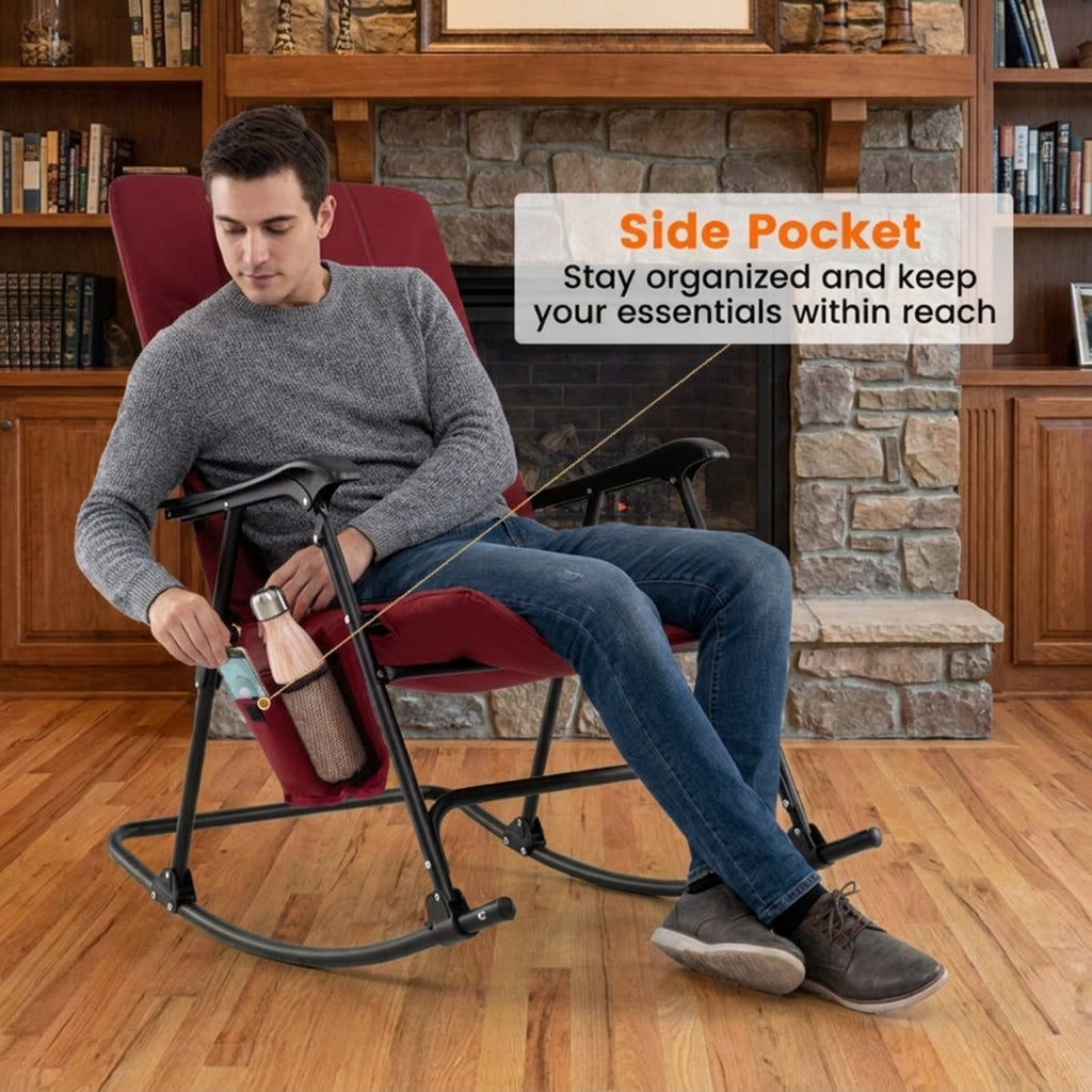 Biotree Foldable Rocking Padded Portable Camping Chair with Backrest and Armrest Stackable Patio Chair for Garden BackyardRed