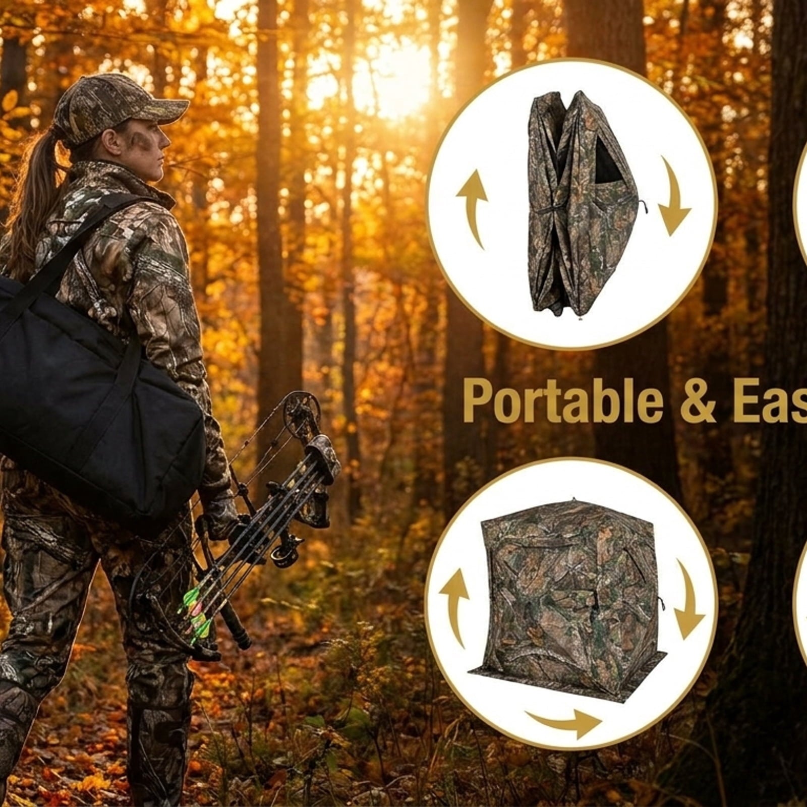 Biotree 2 Panel Hunting Ground Blind Pop Up Fence with 3 Shoot Through Ports, Camouflage