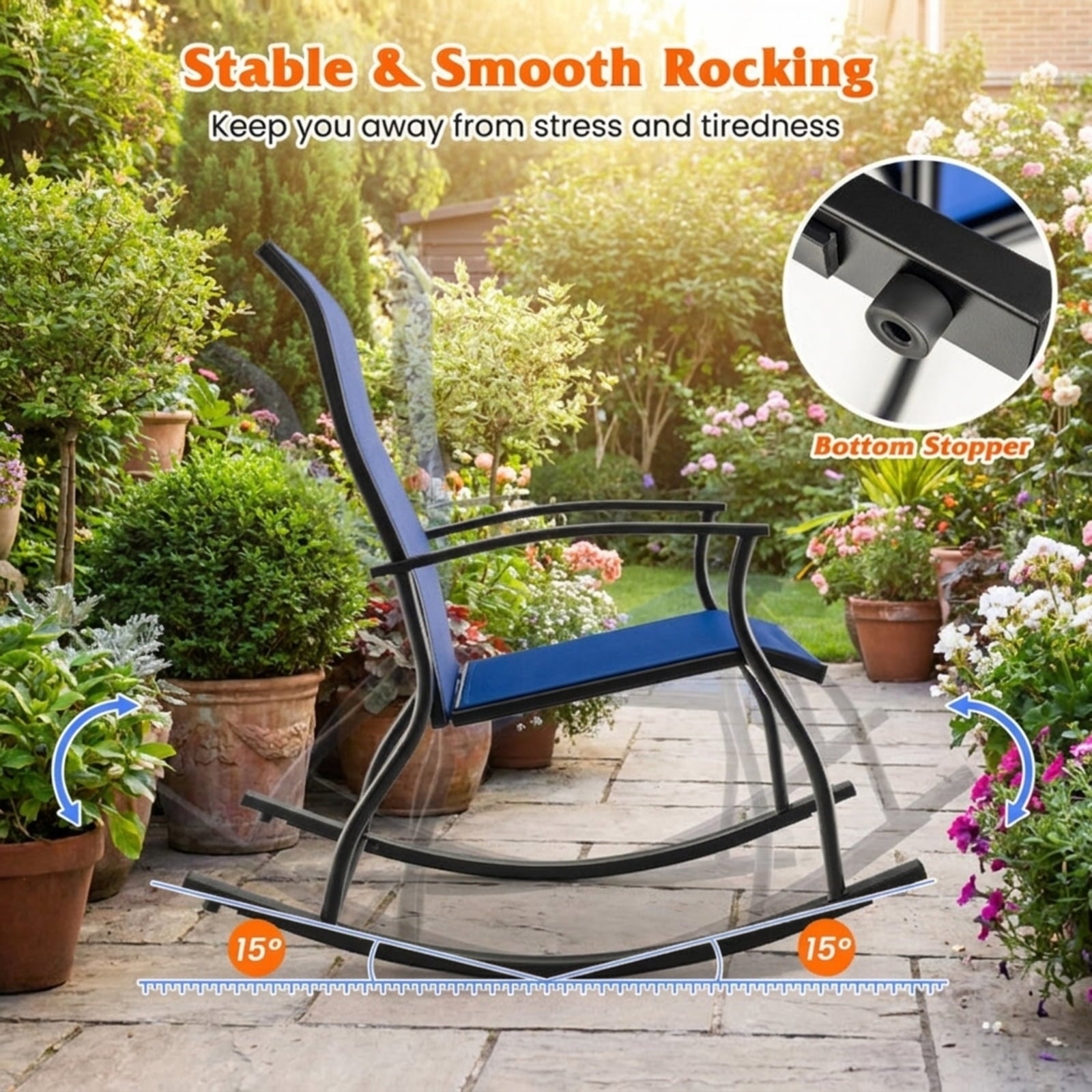 Biotree 2 Pieces Outdoor Rocking Chairs with Breathable Backrest Stackable Patio Chair for Garden BackyardNavy