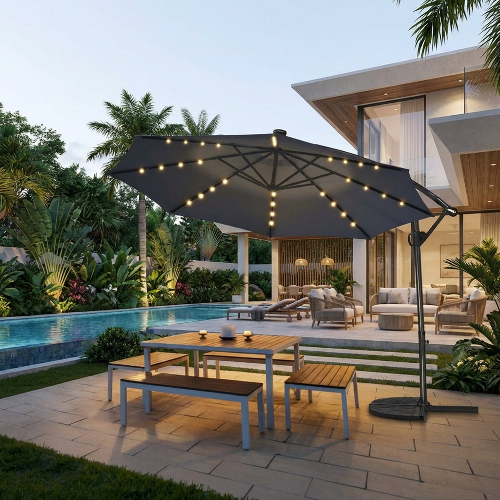 Biotree 10 ft 360¡ã Rotation Solar Powered LED Patio Offset Umbrella without Weight Base-Navy Outdoor